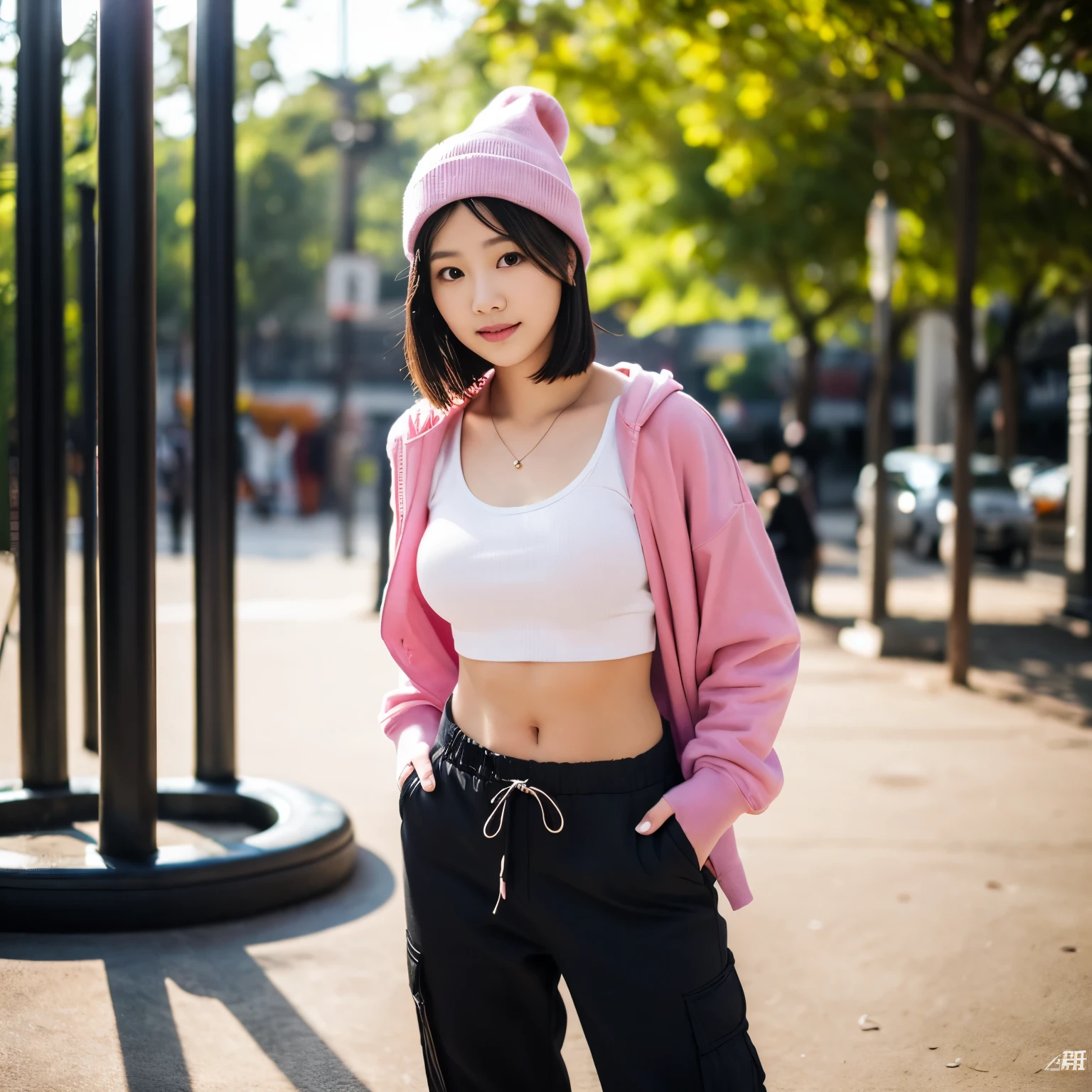 Professional, realistic, High level of detail, Full body photo of 18 years old woman, korean, Tight cargo pants, (soft pink supreme hoodie, white crop top t-shirt:1.3_MUST), (pink-of beanie:1.3(MUST)), (glossy black hair in blunt bob:1.3), full body, Standing posing for a photo, on a playground, photogrnic pose, (random standing pose: 1.3) ,Natural light, (Attractive young woman:1.3), (seductive:1.1), (blush:1.1), round and big breasts, cleavage, bacgkround at afternoon playground in south jakarta buildings