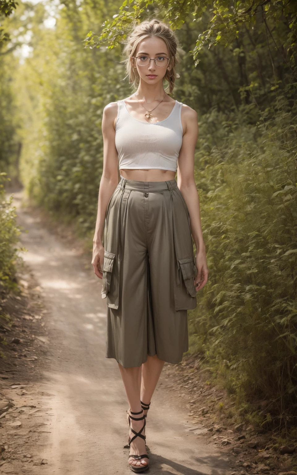 (8K, Masterpiece, RAW photo, Best quality, detail:1.3), (ultra realistic Natural background, scenary:1.5), Depth of field, Cinematic light, (ultra realistic face), (1 picture of 1 solo girl Airim Jones:1.6), 1girl, (Beautiful and elegant Russian girl), (skinny girl with glasses), (European face:1.3), (perfect complete full body:1.5), (small necklace, collarbone:1.1), ( [braids|bangs|ponytail|pigtails|bob|pixie] hair:1.5), (ultra detailed skin:1.4), (sexy outfit:1.6),, (Cargo Culottes:1.5), (perfect standing pose:1.5), (perfect long legs:1.4)