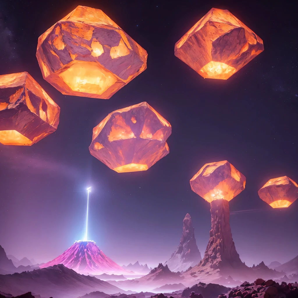 Light orange style,Purple pink series,Alien Hexagonal Base (Nipples are very delicate) In a hexagonal mountain oasis,There are several hexagonal exhaust fans and chimneys, some neon lights project from the base,Light up the night), There are some clouds in the night sky, Some surrounding planets provide air to unknown planets,The most remote giant hexagonal volcano erupts,the rainforest