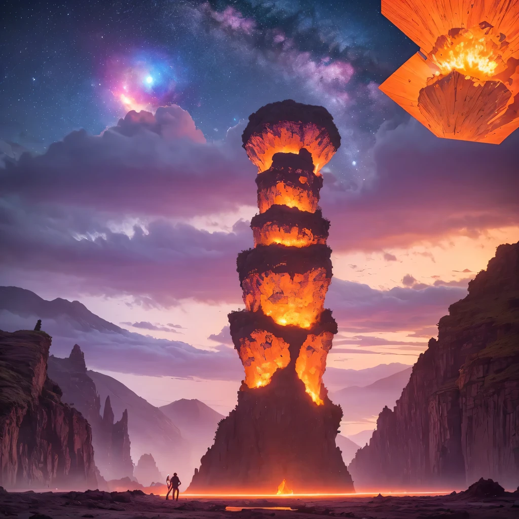 Light orange style，Purple pink series，Alien Hexagonal Base (Nipples are very delicate) In a hexagonal mountain oasis，There are several hexagonal exhaust fans and chimneys, some neon lights project from the base，Light up the night), There are some clouds in the night sky, Some surrounding planets provide air to unknown planets，The most remote giant hexagonal volcano erupts，the rainforest