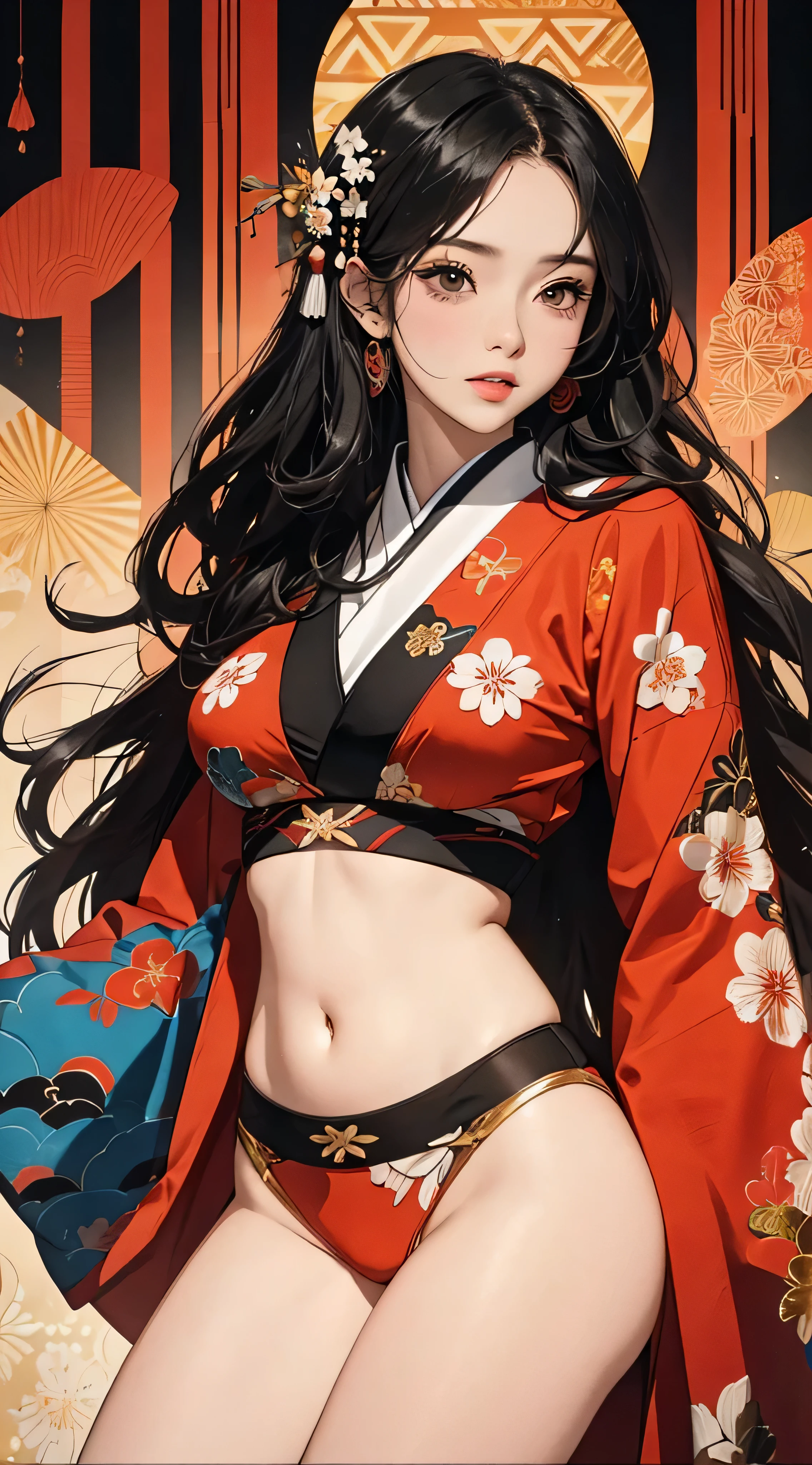 ((8k wallpaper of extremely detailed CG unit, masterpiece, hight resolution, top-quality, top-qualityのリアルテクスチャスキン)), (a very beautiful woman, Plump lips, The upper part of the body, Posing like a model:1.5, Japanese pattern haori, Japanese pattern micro mini shorts:1.2), (A dark-haired, hair messy, de pele branca, Exposed belly), ((Colorful background with geometric patterns, Japanese pattern background, warm color)), (hyper realisitic, digitial painting),
