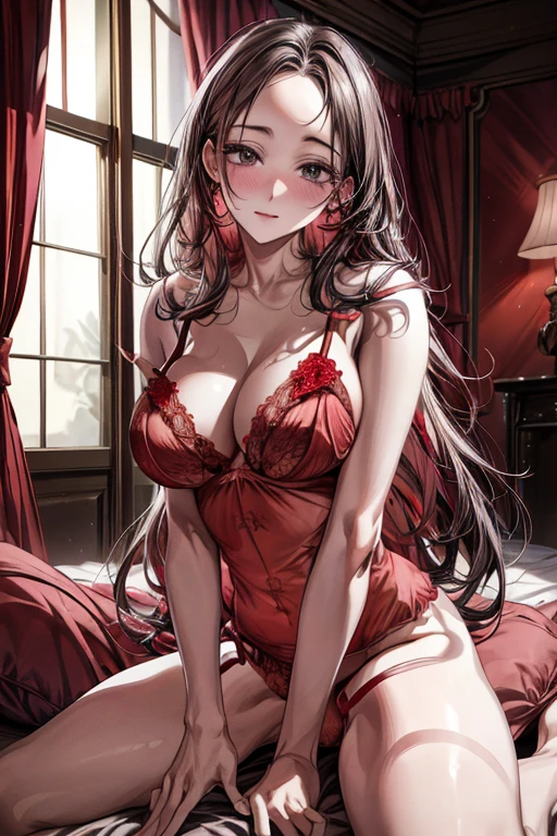 (masterpiece:1.2、top-quality)、(Real image、intricate detailes)、sheer white gown、独奏、1lady、(full-face blush)、happy、(cowboy shot:1.5)、Glossy skin、((Forehead、Center division))、Long black hair、Black eyes、Absurd, 8K, High resolution, Ultra-detailed, Beautiful, masutepiece, Best Quality, Very pretty woman, 年轻, Very pretty woman, Sexy, (Red lingerie:1.8), Sexy, Detailed female face, Very attractive, (Very large breasts:1.5)、Palace bedroom、Highly detailed、Open legs、opens legs、Spread your legs、huge tit、thigh、Are sleeping、best body、Best style、Perfect style、Beautie、Beautuful Women、The most beautiful in the world、princess carry, full bodyesbian, big nipples、pink nipples、Pink areola、Large breasts, masutepiece,clitoris、