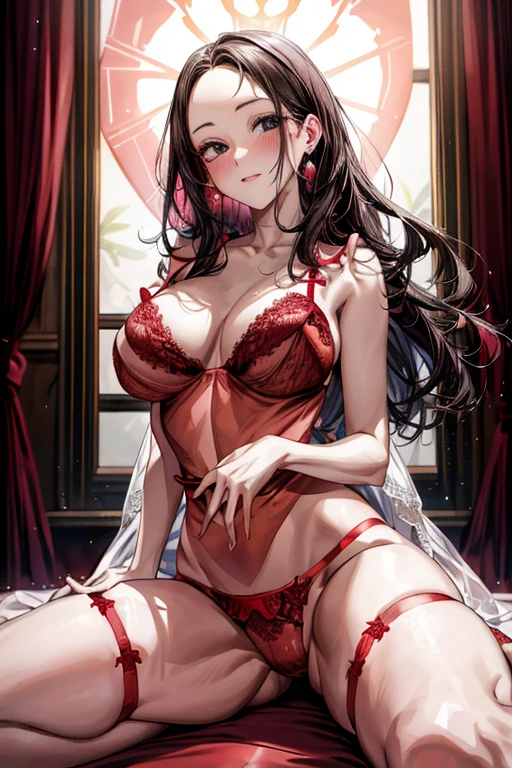 (masterpiece:1.2、top-quality)、(Real image、intricate detailes)、sheer white gown、独奏、1lady、(full-face blush)、happy、(cowboy shot:1.5)、Glossy skin、((Forehead、Center division))、Long black hair、Black eyes、Absurd, 8K, High resolution, Ultra-detailed, Beautiful, masutepiece, Best Quality, Very pretty woman, 年轻, Very pretty woman, Sexy, (Red lingerie:1.8), Sexy, Detailed female face, Very attractive, (Very large breasts:1.5)、Palace bedroom、Highly detailed、Open legs、opens legs、Spread your legs、huge tit、thigh、Are sleeping、best body、Best style、Perfect style、Beautie、Beautuful Women、The most beautiful in the world、princess carry, full bodyesbian, big nipples、pink nipples、Pink areola、Large breasts, masutepiece,clitoris、