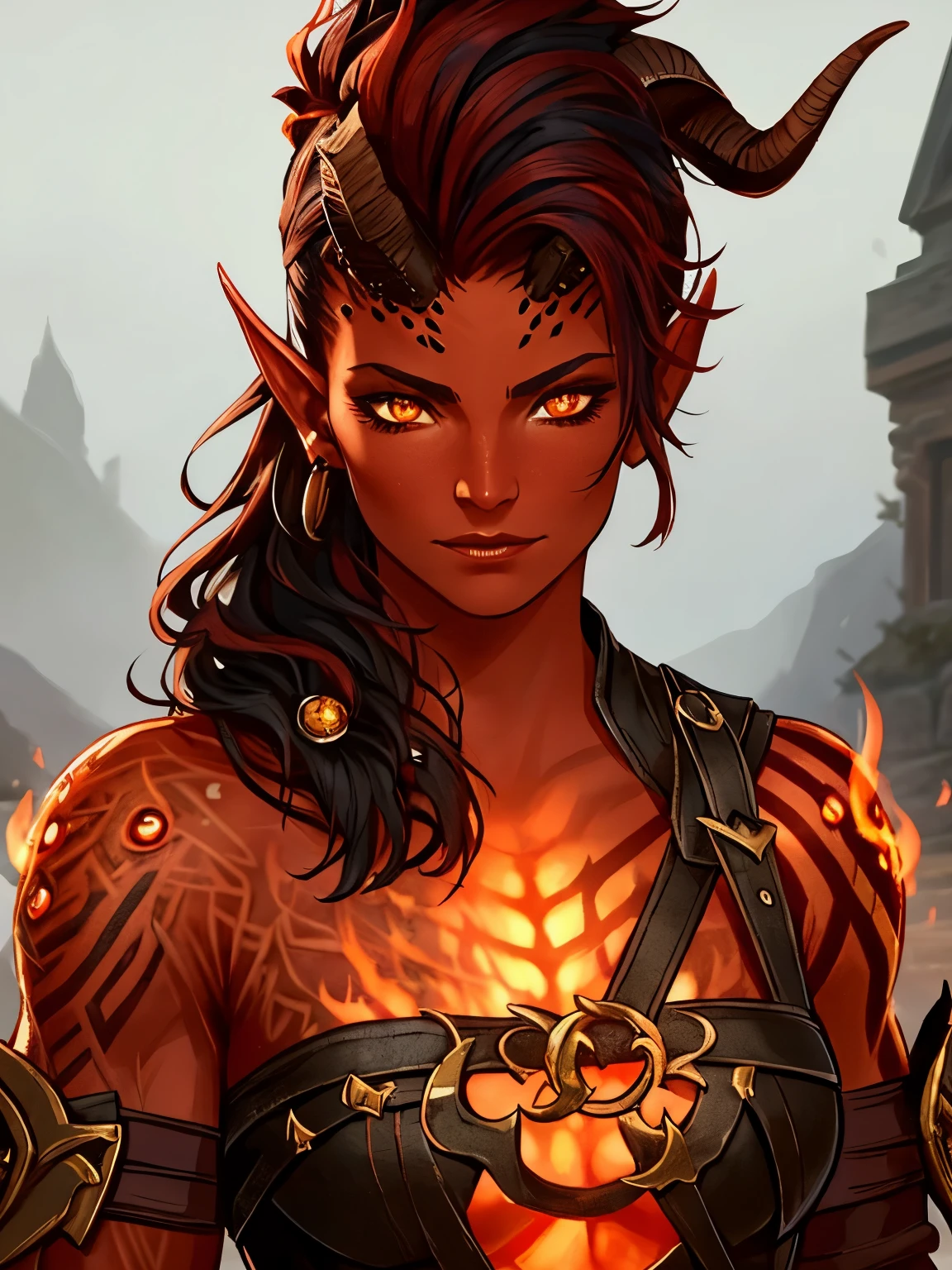 1female Tiefling with red skin, looks like Karlach from Baldursgate, orange eyes,piercings on face, great  skin texture, great eyes, muscle body, one brocken horn at head, wears black leather barbarian clothes, great details, ultra quality, wallpaper, dynamic light, dynamic pose, wears pants, great face, great skin texture, masterpiece, trending on artstation, detailes clothelue tiny  flames around her) calm picture, romantic, great details, inside of a tend, great face, good wallpaper, lovely and romantic setting, great detailed textures, soft face expression, close up, great horns, lovely