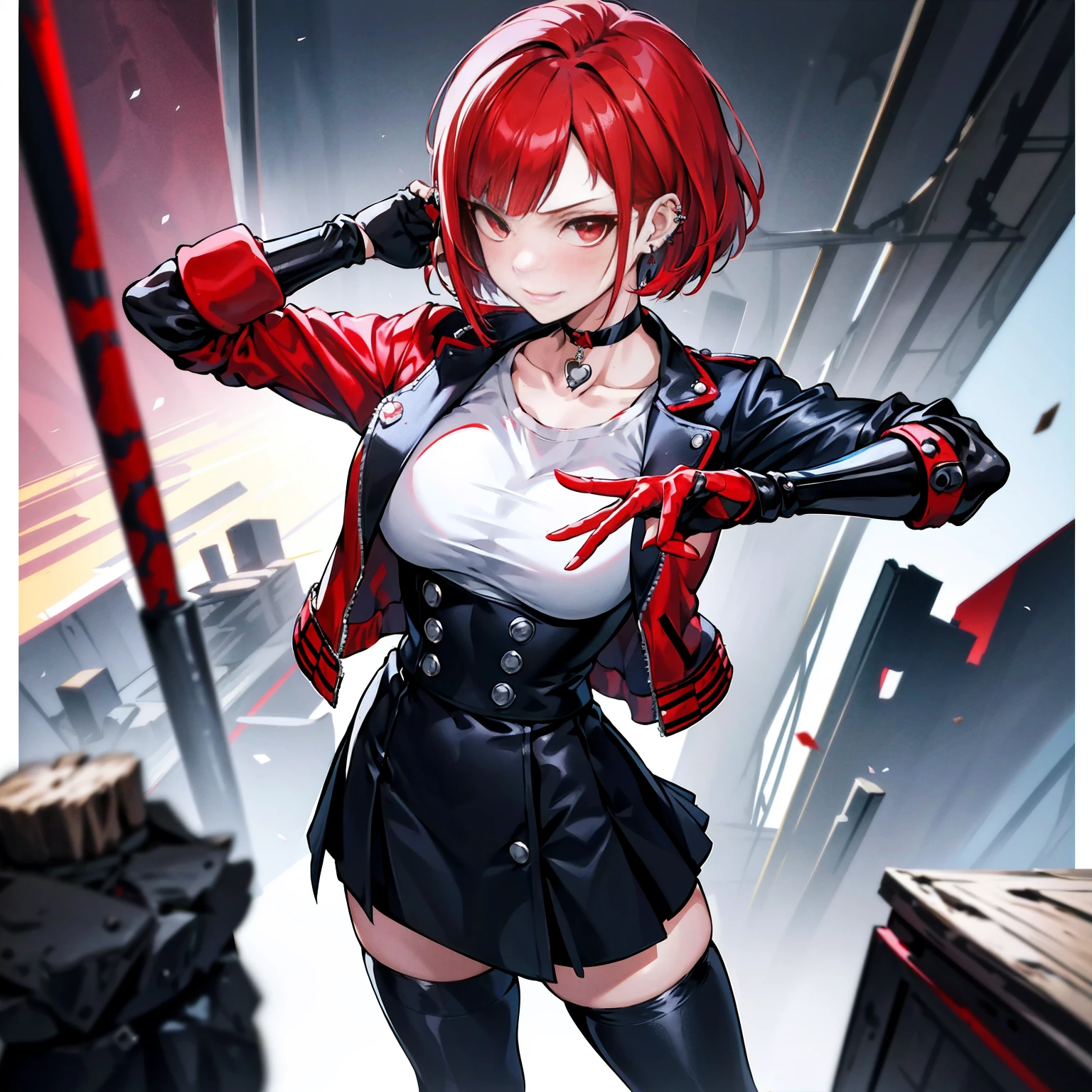 in the art style of persona 5, smal breast, delinquent, (sukeban), mature_female, blush, mature, older woman, 25 years old, Sukeban teacher outfit, (1girl, solo female, solo, solo focus)++++, choker, sukeban teacher, sukeban fighter, long_sleeves, open jacket, blue jacket, jean, light skin tone female, full body, jacket, biker jacket, tape, arm_support, gloves, red_gloves, bridal gauntlets, nail polish, boots, black_footwear, fighter outfit, full body, hourglass, mature face, cheeky smile, cheeky face, wrinkles, (red hair, short hair, bob cut, earrings, ear piercings), red eyeighting art, Martial arts, standing, fighting_stance, fight, fighting), extra colors, 2D, megapixel, perfectionism, accent lighting, full HD , (Masterpiece:1.2), (full-body-shot:1),(cowboy shot:1.2), (Highly detailed:1.2),(Detailed Face:1.2), Colorful, A detailed eye, (Detailed landscape:1.2), (natural lighting:1.2), ((sukeban school teacher)) by Vincent Di Fate: Aidyllery, Anamorphic Shot, rule of thirds, face by Artgerm and WLOP,