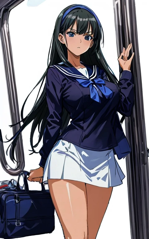 A beautiful woman with long black hair, big breasts, beautiful legs, and a sharp face is standing in a sailor suit with a white miniskirt, showing off her light blue and blue panties, and glaring at a middle-aged man in a suit on the train.。