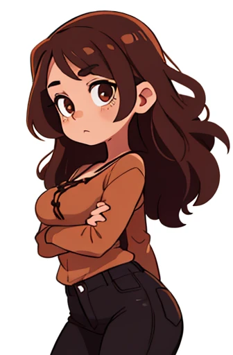 A girl, with brown curly hair, brown eyes, a brown blouse, black jeans, different angles