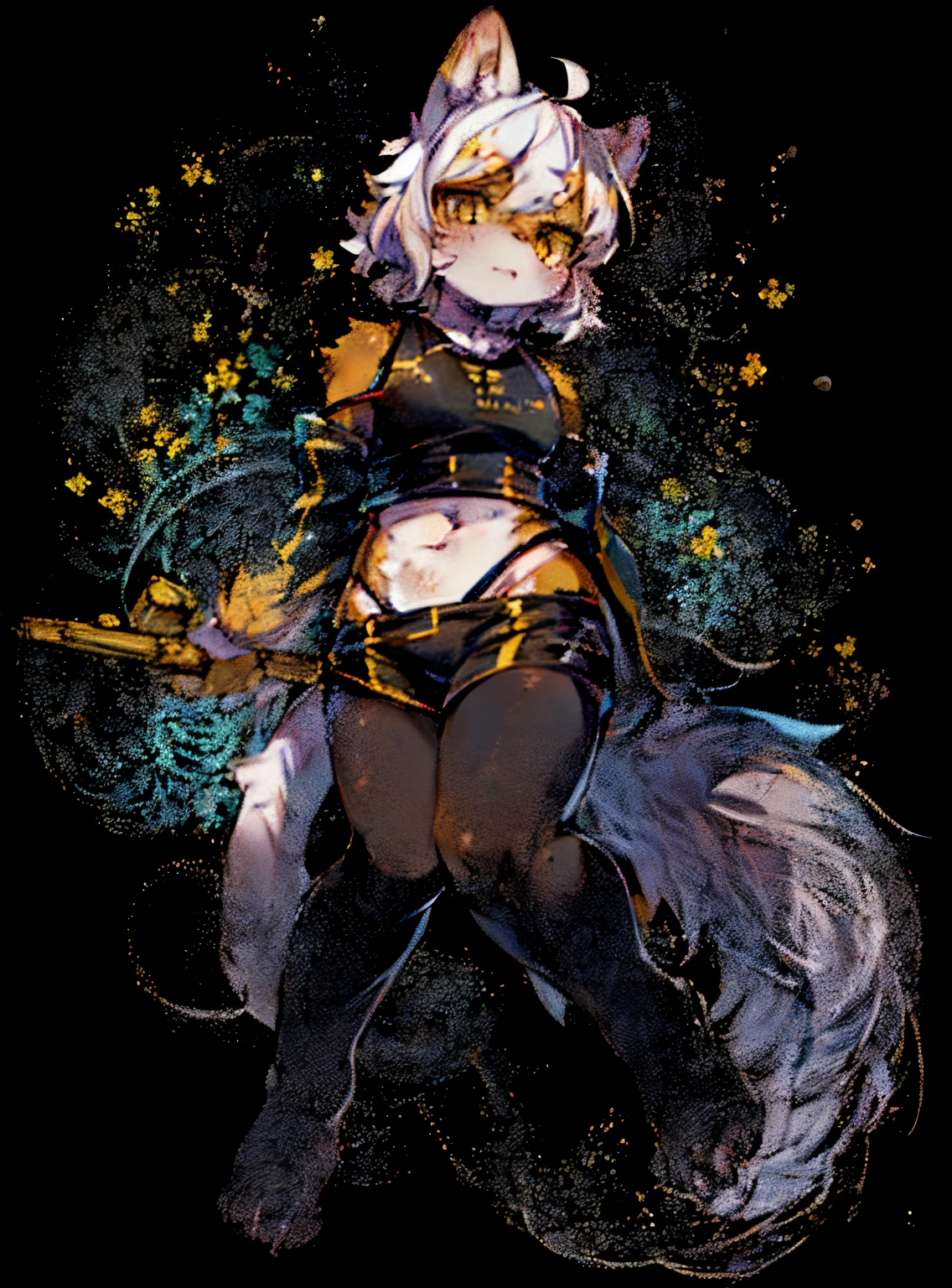 (The environment is dark:0.8),tmasterpiece,high high quality,abstract resources,digitial painting\(Artwork by ia Dagasi, Sam,Kiyosan,(human character,Fluffy fur,Character focus:1.1),anthro male cat,Short hair details,sporty attire , Eyes are bright, in a panoramic view, Character focus.(detailedbackground:0.7), Alone, shaggy, shaggy的女性, female focus, Flower charcoal,(全身shaggy的, shaggy的尾巴, shaggy的, yellow eyes, White hair:1.2),I can vaguely see a woman，Indecent expressions