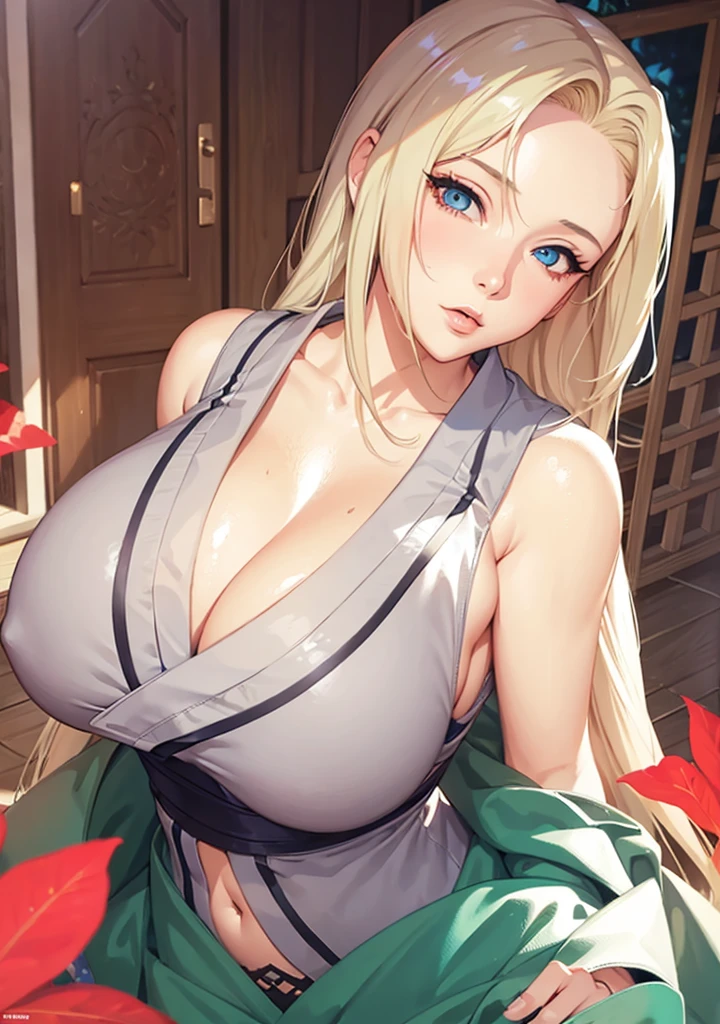 1girl,Tsunade, blonde hair ,blue ayes,big butt,big boobs,detail background, detail foreground,high res,hyper realistis, ultra detail