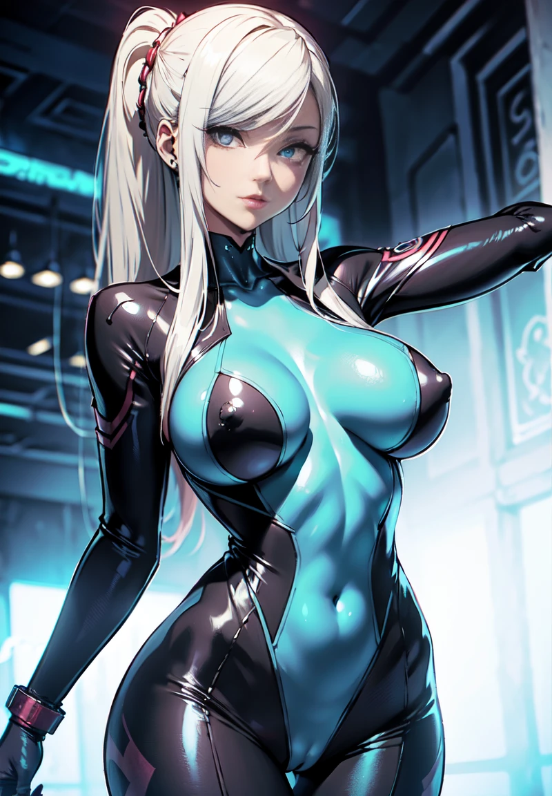 {nsfw}+++(evil samus aran) 1girl, standing, looking at viewer, (dark persona, corruption) contrapposto, evil, dark persona, bad end, corruption, dominatrix, parasite, infected, transformation, possession, mind_control, mind break, brainwash, dark samus(style), blue glowing vein over the body, fluide phazon, infected by phazon
evil smile, eyelashes, covered nipples, erect nipples under clothes, evil grin, evil eyes, pubic tattoo, dark aura, crotch_tattoo, big_breasts, silver hair, red eyes, evil eyes, venus body, voluptuous, pubic hair, innie , areolae, nipples, piercing, erect nipples, nipples visible through clothing, collarbone, wet skin, horny female, tentacles over the body, tentacles in pusssy,  cum dripe,  cum, cum over the body, pervert, ahegao, (realistic:1), best quality, beautifully detailed face, ray tracing, DOF, HDR, (evil base:1), pelvic_curtain,
revealing clothes, cleavage, tight clothing, highhighs, between labia, skin tight, fingerless_gloves, skintight bodysuit, official style, zero suite samus, blue neon glowing zero suite