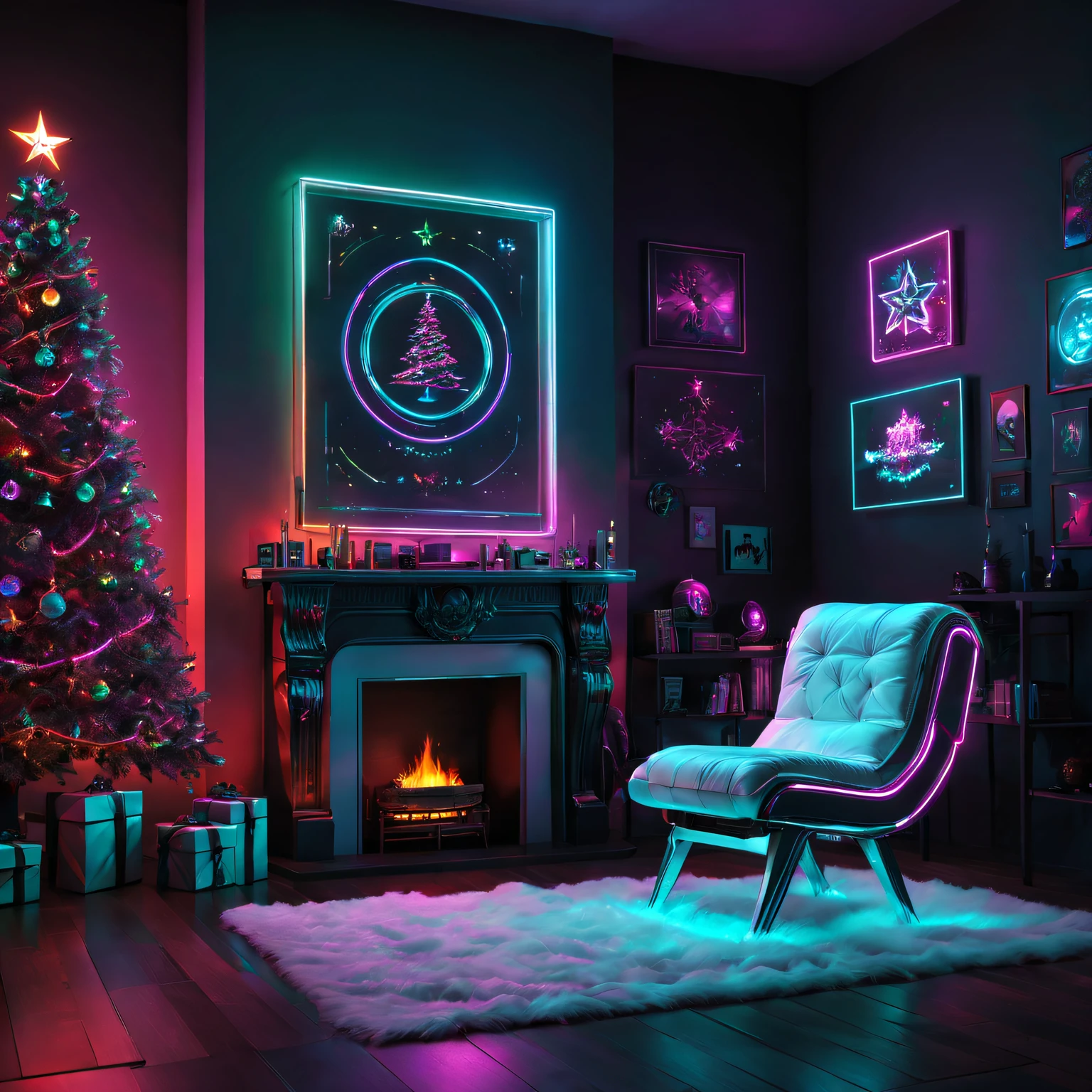 cyber punk perssonage,Christmas theme,liveroom,neonlight,Punk elements,futuristic furniture,节日decorations,Punk Christmas tree,decorations,glowing,cybernetic implants,lisses,metal surfaces,Glass,Reflective surfaces,punk style fireplace,glittery,Punk fashion,High-tech products,闪闪glowing灯光,Tech Christmas socks,vivd colour,Augmented reality projection,Music holographic quality,4K,8K,A high resolution,tmasterpiece:1.2),ultra - detailed,(actual,photoactual,photo-actual:1.37)