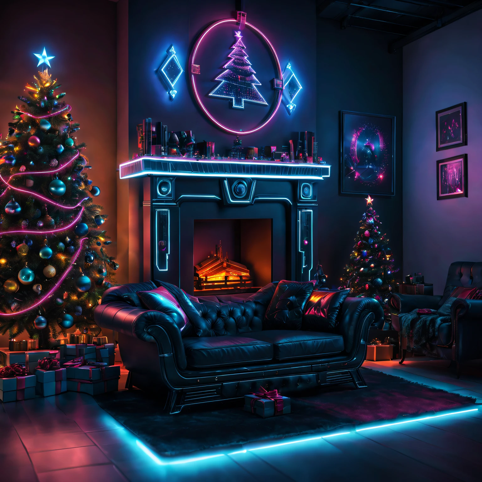 (Best quality at best,4K,8K,A high resolution,tmasterpiece:1.2),ultra - detailed,(actual,photoactual,photo-actual:1.37),cyber punk perssonage,Christmas theme,liveroom,neonlight,Punk elements,futuristic furniture,节日decorations,Punk Christmas tree,decorations,glowing,cybernetic implants,lisses,metal surfaces,Glass,Reflective surfaces,punk style fireplace,glittery,Punk fashion,High-tech products,闪闪glowing灯光,Tech Christmas socks,vivd colour,Augmented reality projection,music hologram.