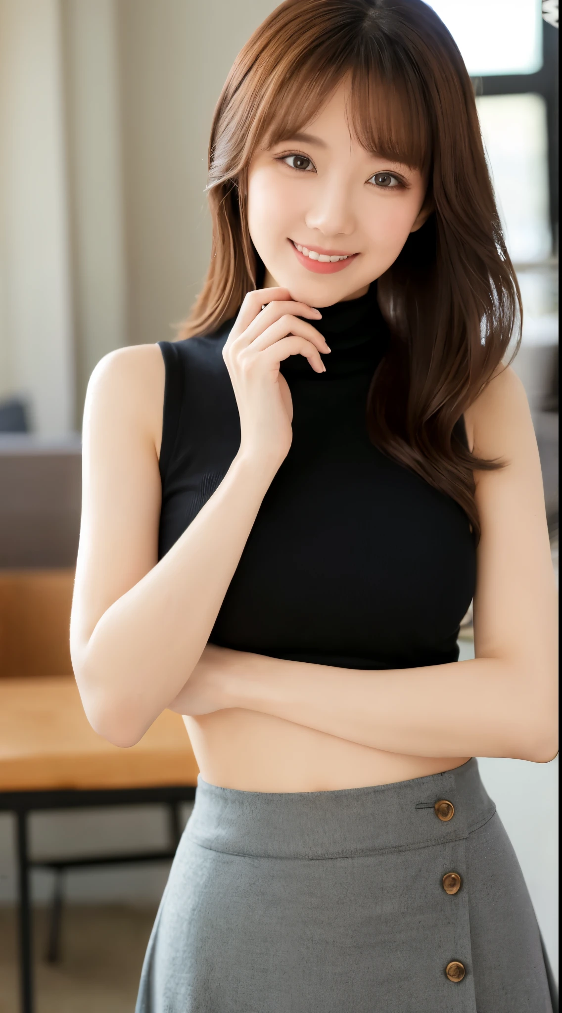 ulzzang -6500-v1.1, (Raw photo:1.2), (Photorealsitic), Beautiful detailed, (Real: 1.4), ighly detailedな目と顔, beatiful detailed eyes, Standing in the office、(Sleeveless High Neck Sweater、flered skirt:1.2)、(Ultra-realistic pantyhose、high-heels)、Standing cross-legged、huge filesize, hight resolution, ighly detailed, top-quality, [​masterpiece:1.6], illustratio, ighly detailed, nffsw, finely detail, top-quality, 8k wallpaper, Cinematographic lighting, 1 milf, 43 yeas old, perfect body type, cute droopy eyes beautiful big eyes、Pieckfinger, ((masutepiece)), Best Quality, 1 milf, eye shadow, Portrait, ((FULL BODYSHOT:1.4))、(Very affectionate smile:1.2)、