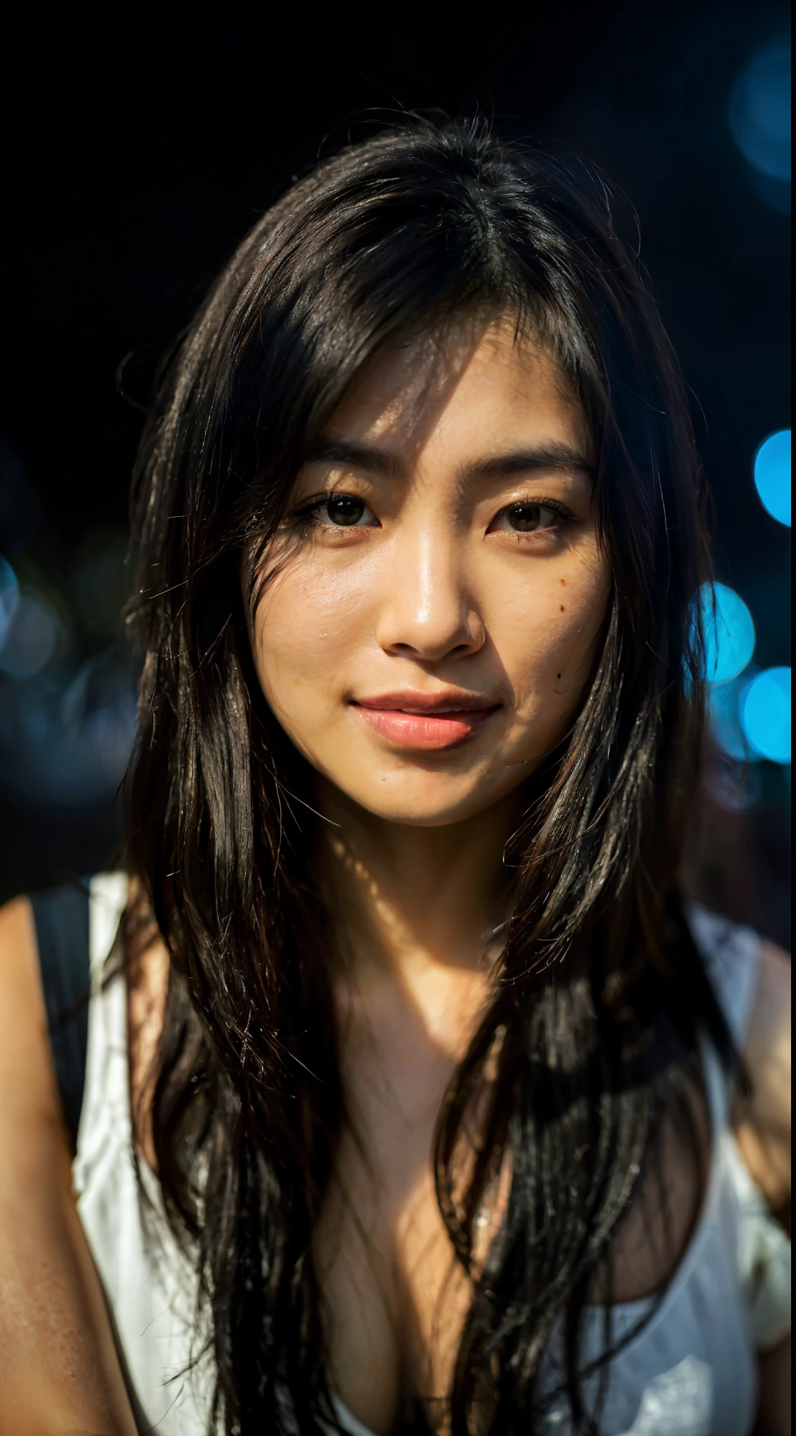 highest quality, epic realistic, ((in the pitch black darkness :1.4)), ((portrait:1.5)),(background: dark ) high contrast ,glorious picture, lowest lux, lighting face, she's comfortable, wearing nothing, , looks incredible, (8k, Raw photo, Highest quality),(epic realistic:1.5), a woman, face,(detailed eyes:0.8),(looking at the camera:1.4), (Highest quality), ( high contrast, deep shadows),Intricate details,cinematic,((skin:1.4)), (long dark hair:1.3), long hair, messy ,(Hdr:1.5),Detailed, colors, Superior quality, Masterpiece, Raw Photo (20-year-old, looking at viewer), beautiful, (wearing plain yellow shirt,), perfect, natural, perfect composition, portrait, perfect face, smiling expression, Captivating eyes, Bright details, Tight lips, (High Skin Detail),, (blue tint: 0.6), (sale: 0.8), (bloody: 0.7), Key lighting , (backlight: 0.5), Medium depth of field, Canon 5d, 50mm lens, f/4 apertures, (Ultra-detailed, Complex detail), sharp focus, soft colors, 8k, Absurd, 80mm, dark background, photography, smiling, pinay, filipina, medium boobs,