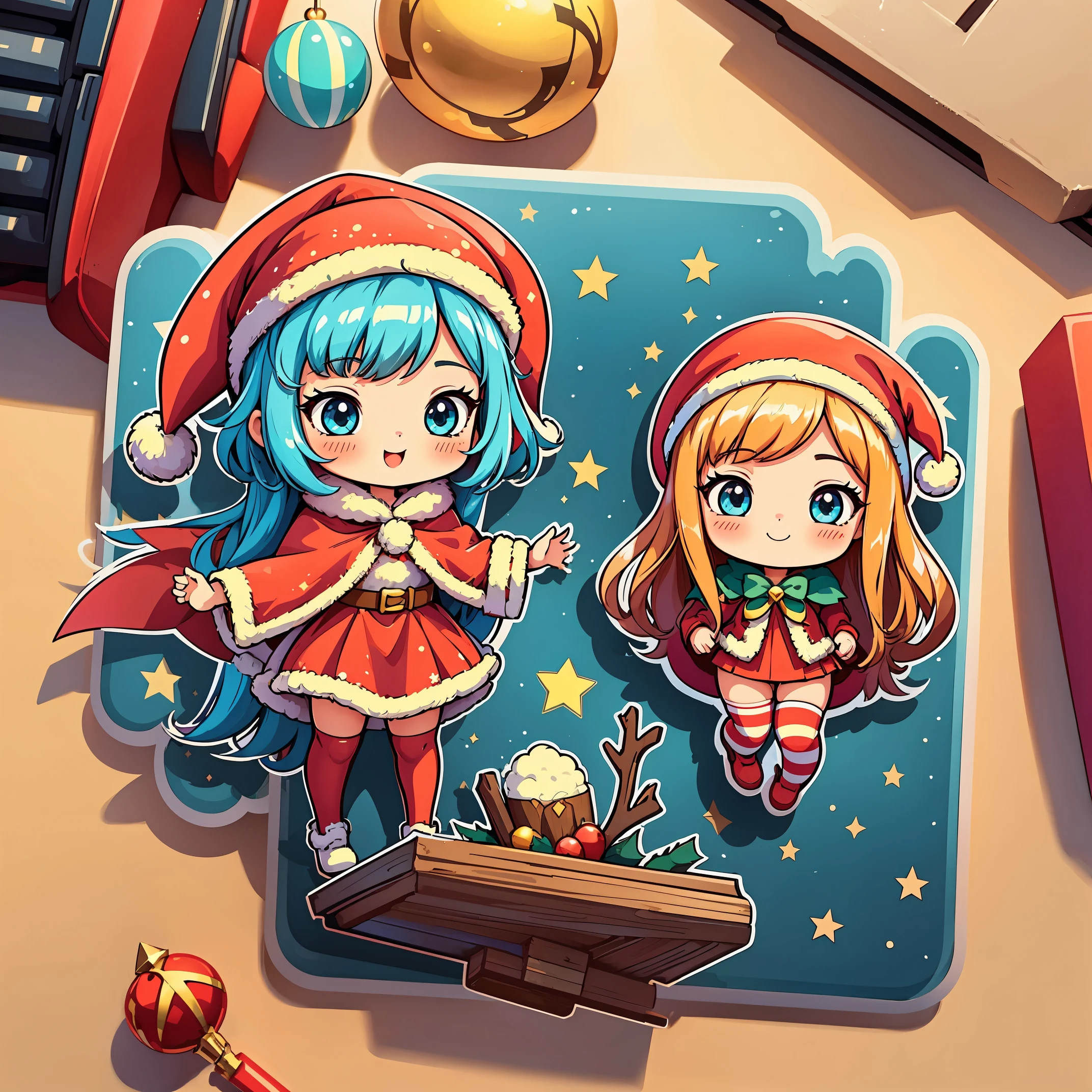 (Girl in Santa costume、vector illustrations、sticker design)、(top-quality、hight resolution: 1.2)、vivd colour、playful style、detailed line art、Festive atmosphere、Winter wonderland、Glowing snowflakes、Cute expression、fun mood、a smile、red outfit、fluffy white trim、striped stockings、Pointy hat、flowing cloak、Golden bell、cheerful background、Snowy trees々and home、christmas ornaments and gifts、Snow runs、sparkling stars、Happy Holidays!