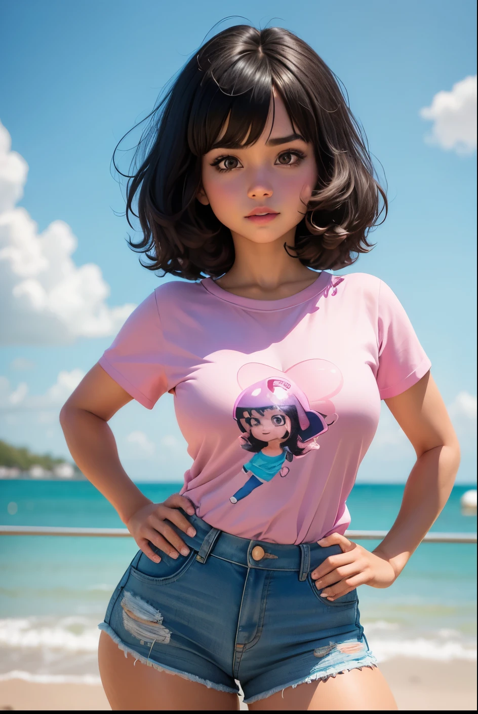 cute girl ,Cartoon girl wearing a pink shirt Cartoon girl wearing a pink shirt, Dora the Explorer as real girl, Dora the Explorer, in cartoon style, cartoon image, cartoon art style, Tina Belcher as a real person, cartoon proportions, realistic!!!,without glasess , cartoon Art Style, Cartoon Style, Realistic!!