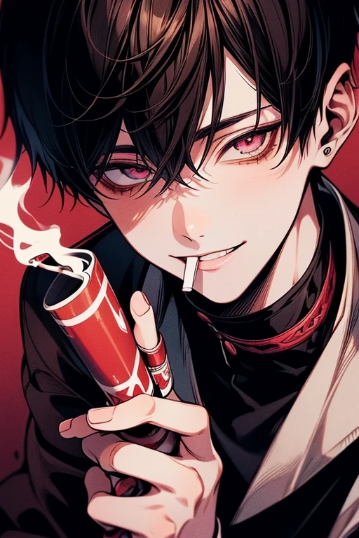 (masutepiece), (Best Quality), Highly detailed, 1 boy, Solo Focus，Perfect face, Beautiful face, extra detailed face，(A dark-haired:1.3)，(smil:1.4)，(Cigarette smoke:1.3)，(Smoking:1.2)