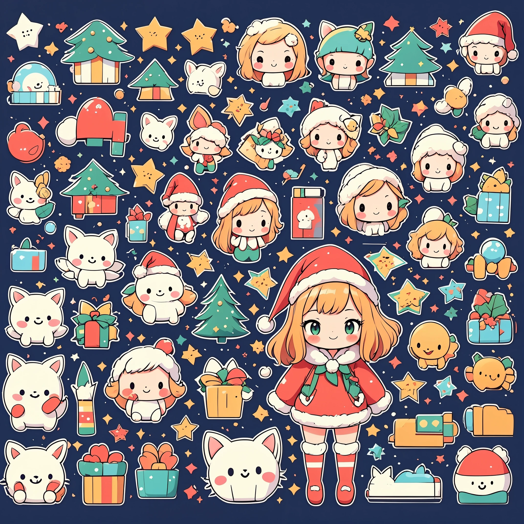 (Girl in Santa costume、vector illustrations、sticker design)、(top-quality、hight resolution: 1.2)、vivd colour、playful style、detailed line art、Festive atmosphere、Winter wonderland、Glowing snowflakes、Cute expression、fun mood、a smile、red outfit、fluffy white trim、striped stockings、Pointy hat、flowing cloak、Golden bell、cheerful background、Snowy trees々and home、christmas ornaments and gifts、Snow runs、sparkling stars、Happy Holidays!
