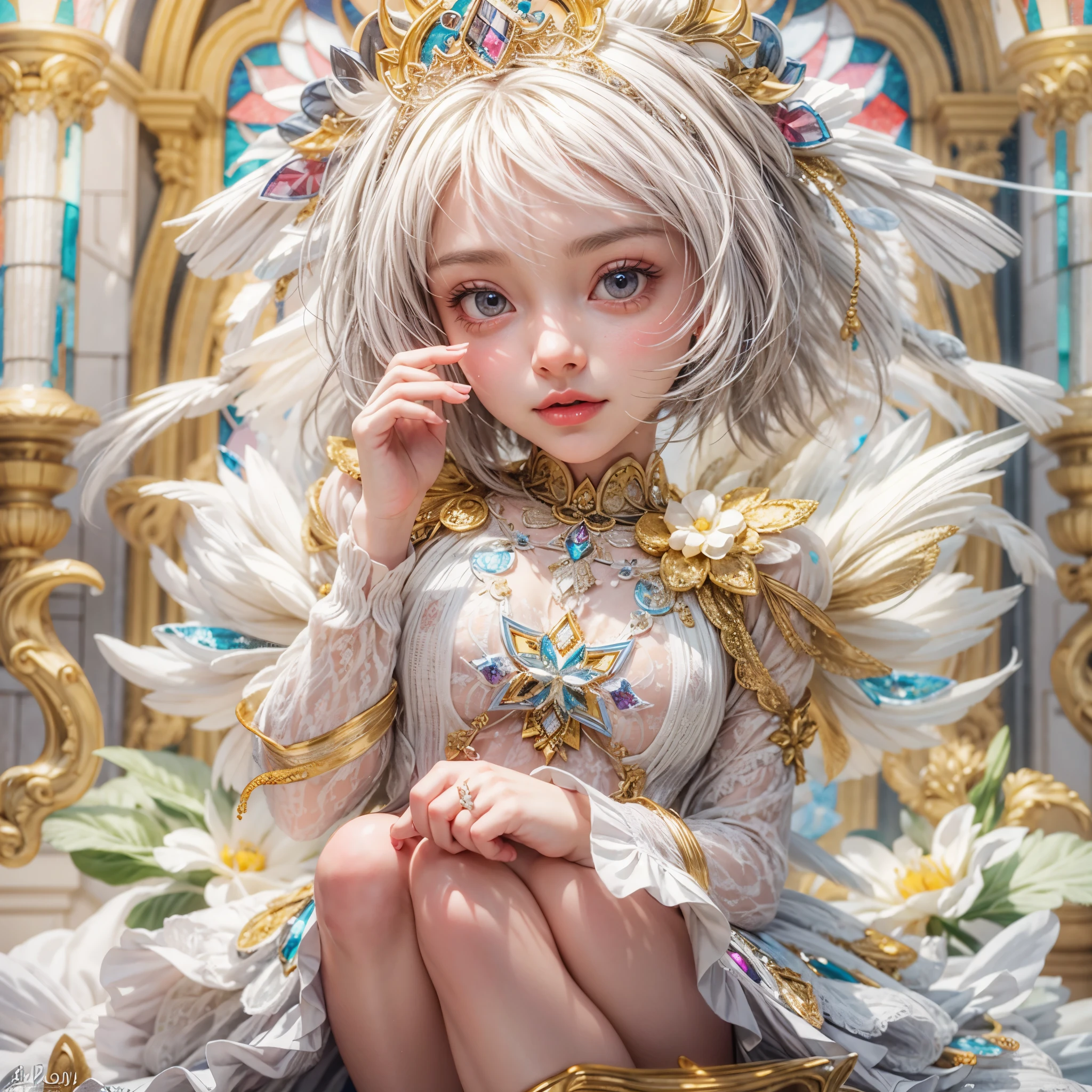 SFW, concept art, Tiny junior idol, Delicate lace knitted white clothes, (nipple:-0.9), face closeup, ((Dazzling stained glass Background)), (((Renbutsu Misako), colorful Light shines through stunning elaborate stained glass:1.2, vivid Red colors, lense Particle, lens flare, light Particle, Dazzling Halo, Acutance:0.8)). (masterpiece:1.2),(ultra-detailed:1.37),(realistic,photorealistic,photo-realistic:1.37), (Extremely detailed KAWAII face variations, innocent expression variations), rosy cheeks, detailed eyes with sparkling highlights, long eyelashes with volume, subtle blush on the face. Mystic sight, haze, impeccable skin texture, captivating gaze, ((Dynamic-angle, physically-based rendering)) . (((not Detailed fingers:-0.9))) .