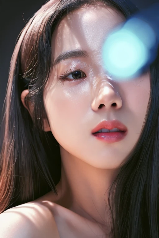 (4k,   best quality, highres:1.2), (realistic, photo-realistic:1.37),  Jisoo, 1girl,  solo, long hair, nose, parted lips , eyes,  facing viewer, looking at viewer,
close-up,  blush , realistic, solo, eyelashes ,makeup,
realistic light, realistic shadow,   [blurry background], eye focus,  [depth of field], professional lighting, photon mapping, radiosity, physically-based rendering, High Detail, masterpiece, F/4.0, 35mm lenront lighting photography:1.5),