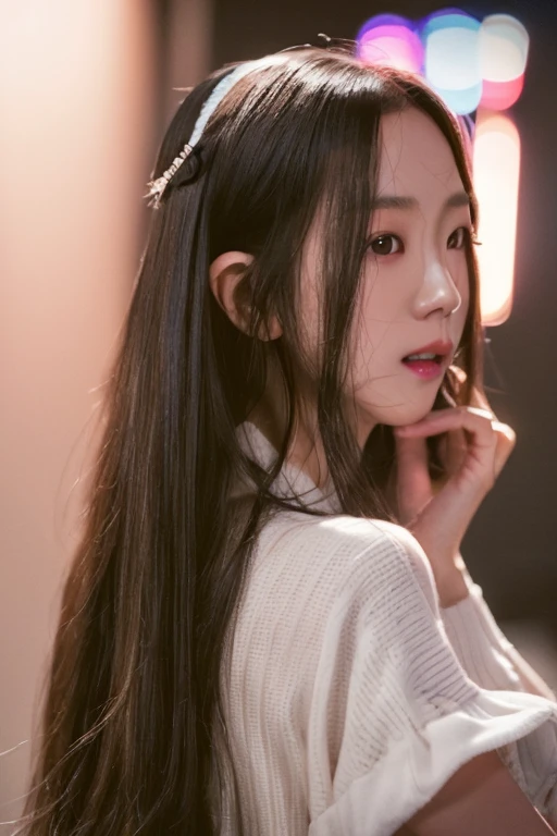 (4k,   best quality, highres:1.2), (realistic, photo-realistic:1.37),  Jisoo, 1girl,  solo, long hair, nose, parted lips , eyes,  facing viewer, looking at viewer,
close-up,  blush , realistic, solo, eyelashes ,makeup,
realistic light, realistic shadow,   [blurry background], eye focus,  [depth of field], professional lighting, photon mapping, radiosity, physically-based rendering, High Detail, masterpiece, F/4.0, 35mm lenront lighting photography:1.5),