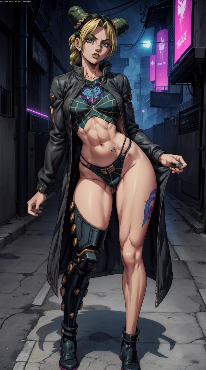 Jolyne Anime, standing, on a magazine cover, matrix black coat, thick body, lush body, standing, full body shot, legs, punk haircut, cover shot, bionic cyborg implants, bone-like implants, spikes, tattoos, grim, dark, dystopian, ugly,