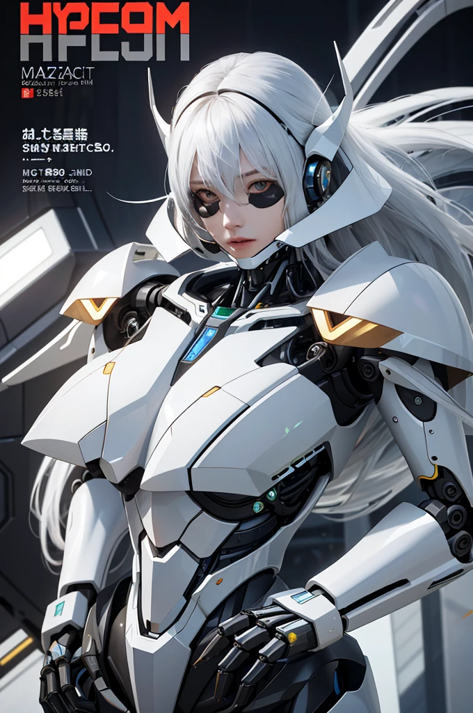 (magazine cover:1.3),ulzzang-6500, (realistic: 1.3) (original: 1.2), masterpiece, best quality, beautiful clean face, fullbody,  ((robot girl, mecha)), broken armor, mechanical halo, mechanical arms, white hair, long hair, ceramic body, thigh gap, small breast, cyber background, extreme detailed city, (translucent body, reflection skin), 8k, best quality, ultra detailed, (hyperrealistic:1.4),