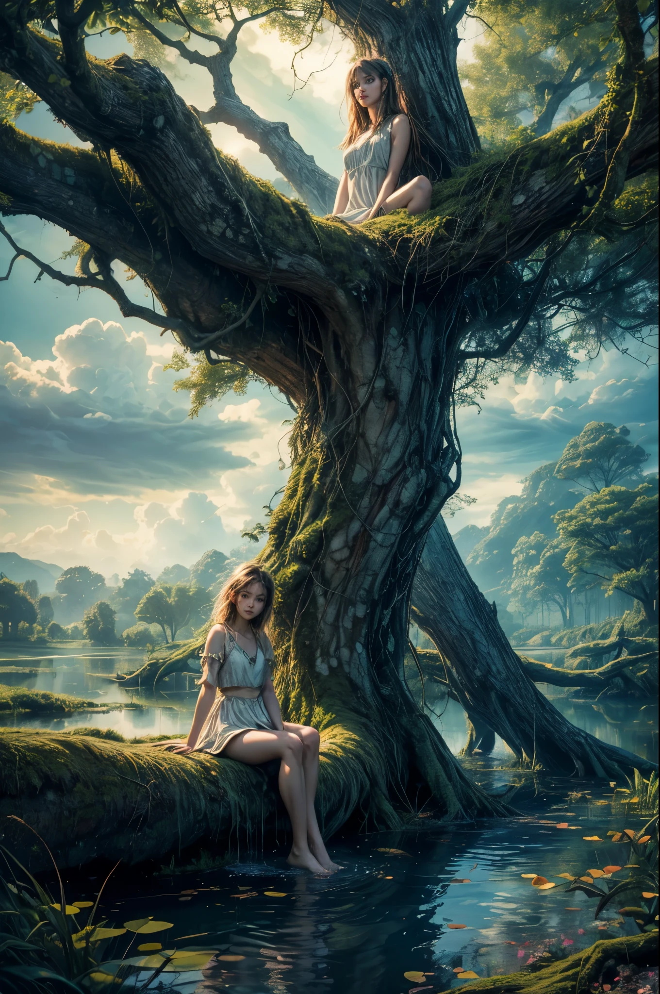 ((Enchanting)) pond setting, girl in a serene kneel,close to the viewer ((dynamic cloudscape)), ((twisted gnarly tree trunk)), ((soft natural lighting)), digital art, ((vivid color palette)), best quality