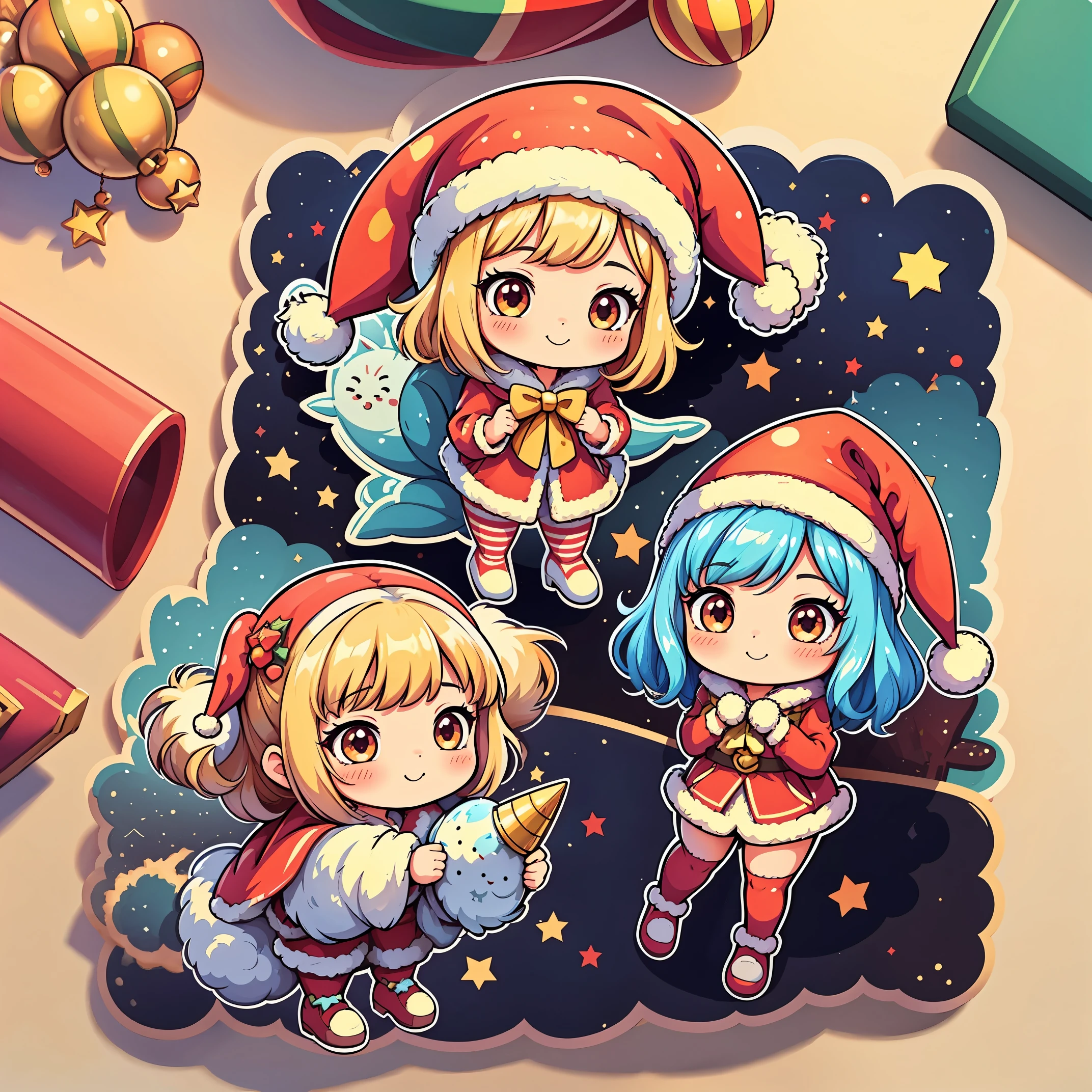 (Girl in Santa costume、vector illustrations、sticker design)、(top-quality、hight resolution: 1.2)、vivd colour、playful style、detailed line art、Festive atmosphere、Winter wonderland、Glowing snowflakes、Cute expression、fun mood、a smile、red outfit、fluffy white trim、striped stockings、Pointy hat、flowing cloak、Golden bell、cheerful background、Snowy trees々and home、christmas ornaments and gifts、Snow runs、sparkling stars、Happy Holidays!