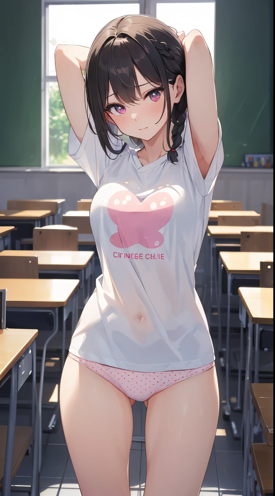 (masterpiece), (best quality), (ultra-detailed),(Style Princess:0.8), Solo, (1girl), single, professional lighting, fluttering t-shirt's hem, swaying t-shirt's hem, (unadorned_panties), pink and white panties, polka dot panties, Sexy, extreamly detailed crotch, crotch line, standing, Well-endowed, breasts, classroom, (angle from below), looking_at_viewer, ((arms behind head)),bashful, embarrassed, My cheeks are red.Overreaction:The girl's surprised expression was、Improbable overreaction.Drawn like a manga or anime。 Cheeks and hands are depicted, black Hair, braid, Pink eyes