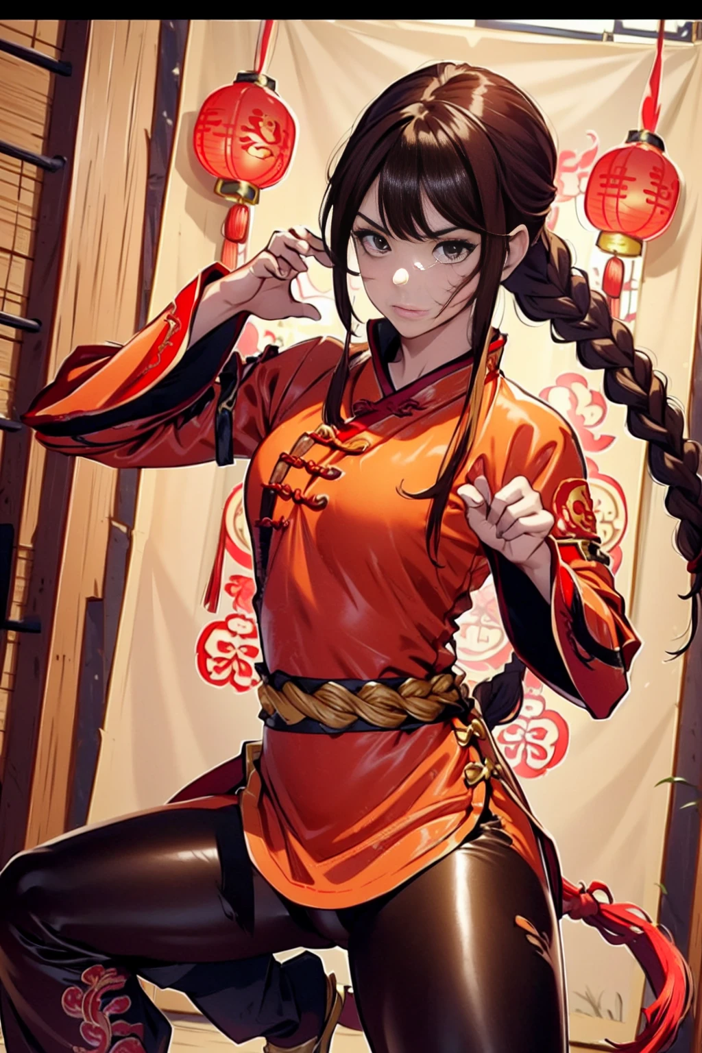 lei kugo live a live, qipao, chinese clothes, traditional clothes, action pose, full body, brown hair, braided hair, scars on face, martial arts, action pose,lei kugo, live a live, (1girl), medium breasts, ((red chinese clothes)), wanderer, traditional clothes, fighter clothes, gauntlets, elbow gloves, fingerless gloves, stockings, full body,(( brown hair)), ponytail, braided hair, (((scars on face)) , hourglass figure, female, clean face, human head, human proportion, good proportion, normal body shape, action pose, martial arts, kung fu, background, mountain, imperial chinese,