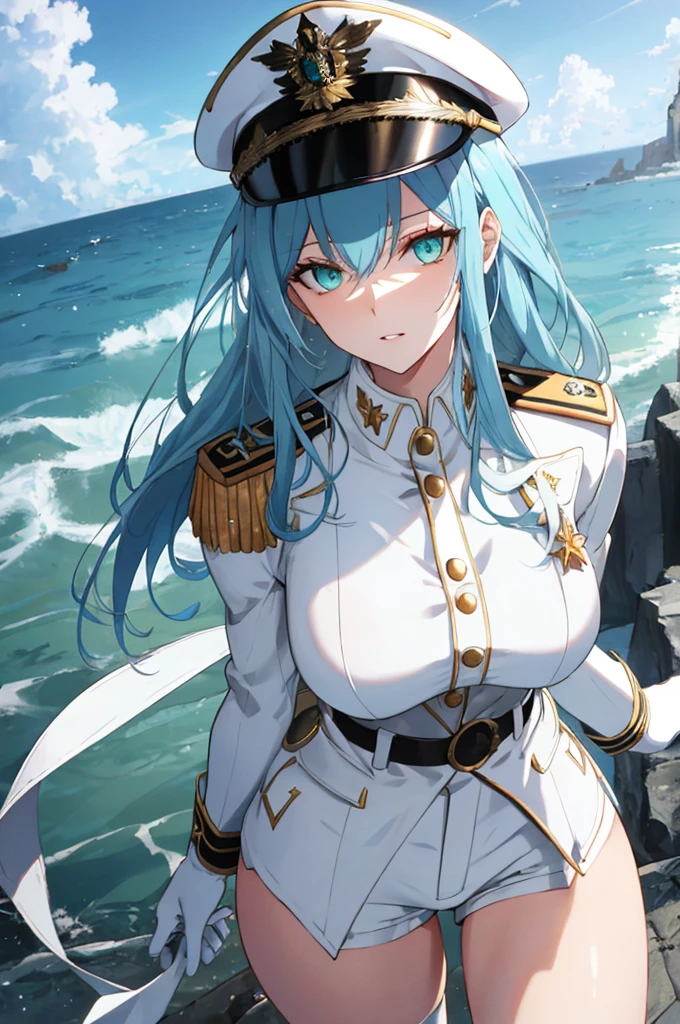 ((Illustration)),1girl in,masutepiece,absurderes,hight resolution,Best Quality,High quality,(Beautiful detailed aqua eye),((A MILF女性:1.1)),((A MILF:1.1)),(Oil_highlight:1.1),make up,Parted lips,(Shiny skin:1.1),(Perfect female body:1.2),Leaning forward,put hands on the hip,Dynamic Angle,(Gorgeous detail skin),(White skin),(Very detailed background),Outdoors,ocean,stone ocean, Huge breasts, thighs thighs thighs thighs,Helm,  Hair intake, lightblue hair,military hat, shairband, Military uniform, buttoning, aiguillette, epaulets, White coat, arm band, White belt, White Gloves, (White shorts), high-heels, 
(Tall lady),Ray-Ban_tracing,Intricate details,depth of fields, Extremely delicate and beautiful,