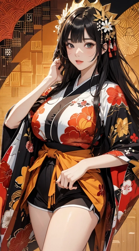 ((8k wallpaper of extremely detailed CG unit, masterpiece, hight resolution, top-quality, top-qualityのリアルテクスチャスキン)), (a very beautiful woman, Plump lips, The upper part of the body, Posing like a model:1.5, Japanese pattern blouson:1.2, Japanese pattern micro mini shorts:1.2), (A dark-haired, hair messy, de pele branca), ((Colorful background with geometric patterns, Japanese pattern background, warm color)), (hyper realisitic, digitial painting),