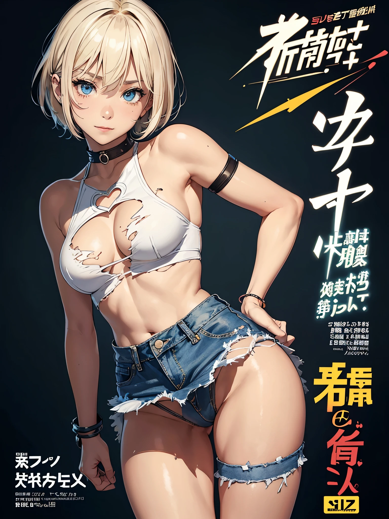 (Superflat, Flat Shading, flat-colors:1.1)、(Magazine Cover)、Illustrations、(Beautiful platinum blonde hair、short-hair、American boyish girl)、 open、Smiling、Draw so that the  cloth of the beige underwear is visible.、Skirt flipping、((Torn and tattered denim skirt、Beige panties))、Choker、When I look through the viewfinder、A bracelet、Thigh strap、Body Painting、Head tilt、8K resolution、intricate clothing、Intricate details、1girll、Solo、a blond、Standing、Cowboy Shot、Arms at sides、a miniskirt、Detailed panties、((from behind、hindquarters、heart cutout、hip incision))、Volumetric lighting、Soft light、Bright、neons、Vibrant colors、watercolor paiting、