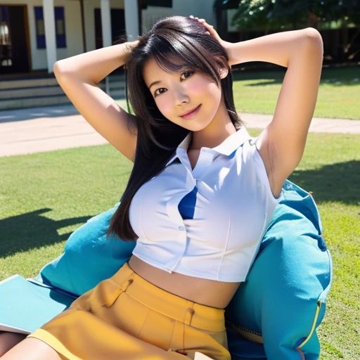 oppai, female high-school student,sodden,Clothes are tight,Navel out,exposed armpit,Sleeveless shirt,a miniskirt,Long black hair