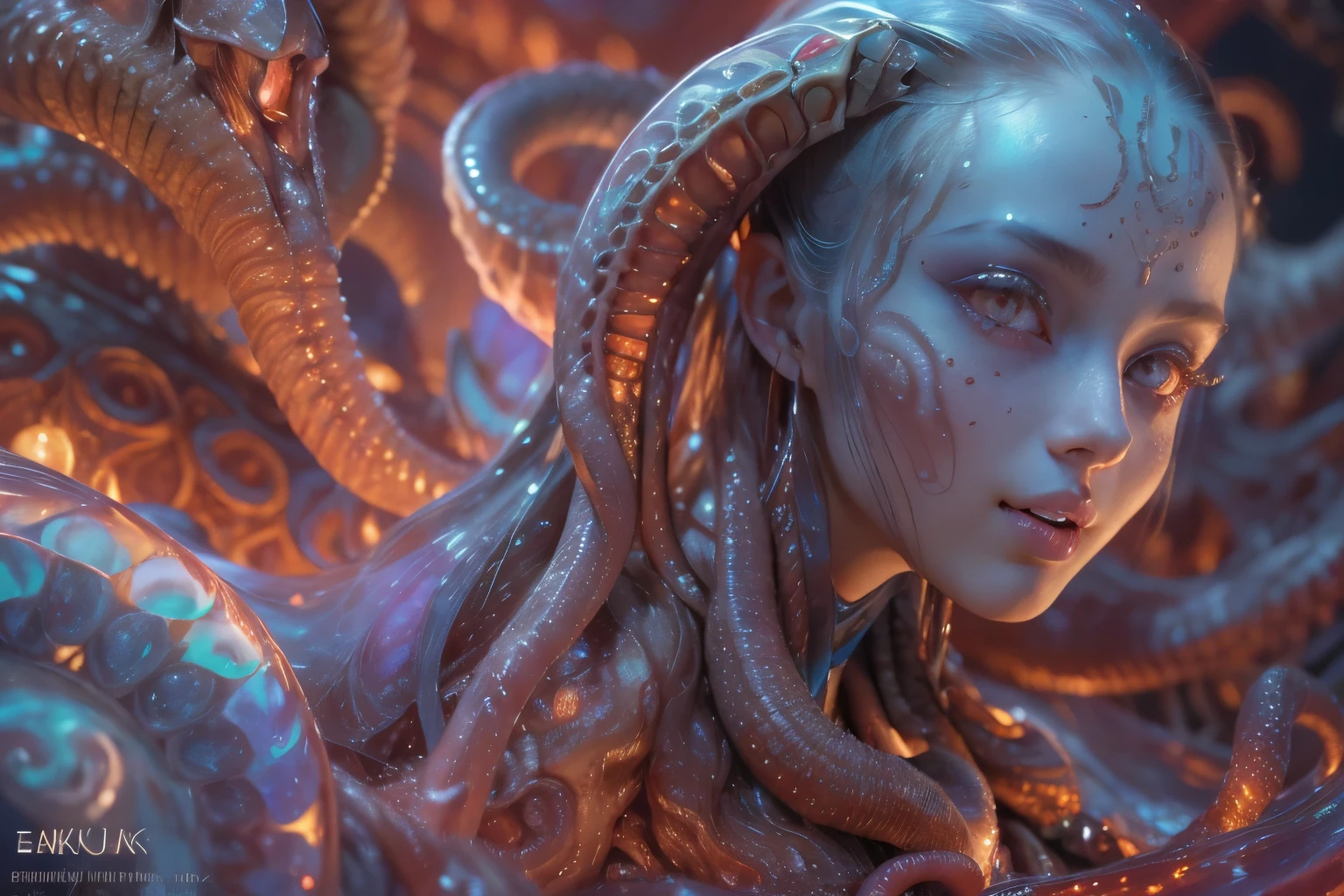 Portrait, (beautiful female alien:1.2),  (There is a female genital-like organ in the middle of the forehead.:1.8), (The most beautiful face in the history of the universe:1.2), (Glowing scarlet eyes:1.6), (Translucent pale skin:1.8), an evil gaze that seduces , (red eyes:1.5), Full body like, (Sexypose:1.5), alien, No humans, cells are fused, (Lots of translucent Blue tentacles:1.1), extraterrestrial, cell, bio image, (zenTangle, mandalas, Tangle, enTangle:0.98),(Fractal Art:0.9)(fluttered detailed color splashes:1.1),(marbling:1.1), (Vulgarity:1.15), (Sexy:1.4), sweet  breath, a sultry, ((Ecstasy:1.6)), Best Quality, 8K,4K_quality, High Definition, Dramatic Lighting, masutepiece:1.5,cinematic quality, detail up, (Intricate details:1.2), High resolution, High Definition, drawing faithfully, (Thick eyebrows:1.2), Beautiful eyes with fine symmetry, (Highly detailed face and eyes:1.2), (High-resolution red-eye:1.4), Intimate face, (Super detailed skin quality feeling:1.4), Perfect Anatomy,  (Beautiful toned body:1.5),  (Moist skin:1.2), No makeup, (dark circles:1.1), long canines, cinematic drawing of characters, ultra high quality model, cinematic quality, detail up, (Intricate details:1.2), High resolution, High Definition, drawing faithfully, Official art, Unity 8K wall  , 8K Portrait, Best Quality, Very High resolution, ultra detailed artistic photography, midnight aura,  unreal enginee 5, Ultra Sharp Focus, art by alberto seveso, ArtGerm, Roisch, intricate artwork, Medusa, best quality, masutepiece, ultra High resolution, (photos realistic：1.4), Ultra-realistic realism, dream-like,  nautilus, Creation of fantasy, Snail, Dream Snail,  (biopunk nautilus:1.4), Thrilling color schemes， Ultra-realistic realism， seductively smiling, Blue tentacles