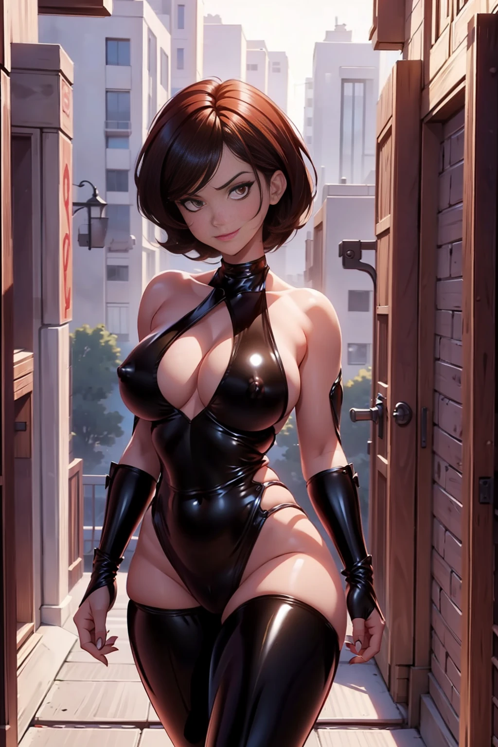 evil Helen Parr, corrupted Mrs. Incredible, villian Elastigirl. corruption, pubic tattoo, dark aura, full body 1girl, full body, ((1girl, solo female, solo, solo focus))+++++++, 1girl, solo female, mature female, standing, full body, evil, dark persona, bad end, contrapposto, villain, dark heroine, lips, eyelashes, pubic hair, innie pussy , evil grin, evil smile, sadistic, erotic lips, seductive eyes, provocative expression, big breasts, erect nipples visible through clothing, areolae, licking, after esx, piercing, erect nipples visible through clothing, collarbone, veins on body, evil red eyes, short hair, beautiful detailed eyes, between labia, skin tight, fingerless_gloves, extremely shiny red latex costume, red latex bodysuite