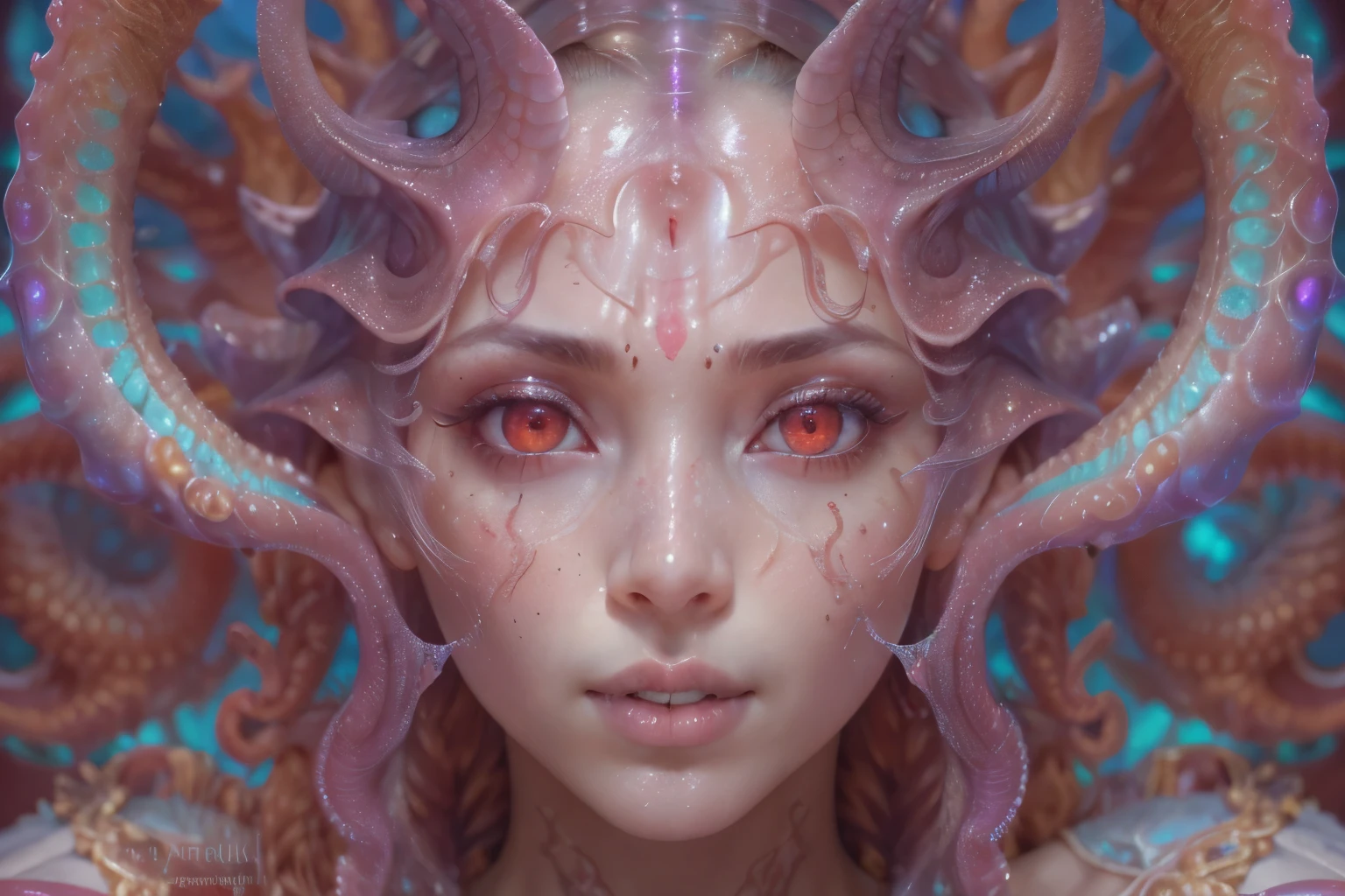 Portrait, (beautiful female alien:1.2), (There is a female genital-like organ in the middle of the forehead..:1.8), (The most beautiful face in the history of the universe:1.2), (Glowing scarlet eyes:1.6), (Translucent pale skin:1.8), an evil gaze that seduces , (red eyes:1.5), Full body like, (Sexypose:1.5), alien, No humans, cells are fused, (Lots of translucent Blue tentacles:1.1), extraterrestrial, cell, bio image, (zenTangle, mandalas, Tangle, enTangle:0.98),(Fractal Art:0.9)(fluttered detailed color splashes:1.1),(marbling:1.1), (Vulgarity:1.15), (Sexy:1.4), sweet breath, a sultry, ((Ecstasy:1.6)), Best Quality, 8K,4K_quality, High Definition, Dramatic Lighting, masutepiece:1.5,cinematic quality, detail up, (Intricate details:1.2), High resolution, High Definition, drawing faithfully, (Thick eyebrows:1.2), Beautiful eyes with fine symmetry, (Highly detailed face and eyes:1.2), (High-resolution red-eye:1.4), Intimate face, (Super detailed skin quality feeling:1.4), Perfect Anatomy, (Beautiful toned body:1.5), (Moist skin:1.2), No makeup, (dark circles:1.1), long canines, cinematic drawing of characters, ultra high quality model, cinematic quality, detail up, (Intricate details:1.2), High resolution, High Definition, drawing faithfully, Official art, Unity 8K wall , 8K Portrait, Best Quality, Very High resolution, ultra detailed artistic photography, midnight aura, unreal enginee 5, Ultra Sharp Focus, art by alberto seveso, ArtGerm, Roisch, intricate artwork, Medusa, best quality, masutepiece, ultra High resolution, (photos realistic:1.4), Ultra-realistic realism, dream-like, nautilus, Creation of fantasy, Snail, Dream Snail, (biopunk nautilus:1.4), Thrilling color schemes, Ultra-realistic realism, seductively smiling, Blue tentacles