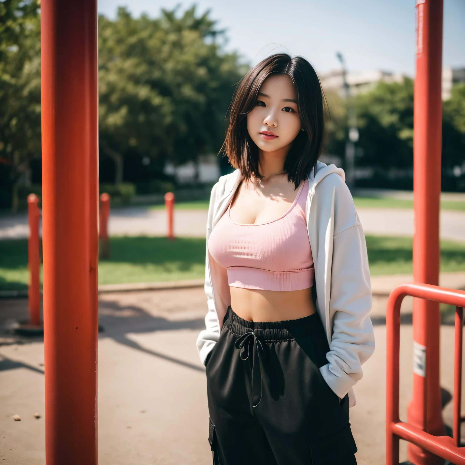 Professional, realistic, High level of detail, Full body photo of 18 years old woman, korean, Tight cargo pants, (soft pink supreme hoodie, white crop top t-shirt:1.3_MUST), (pink-of beanie:1.3(MUST)), (glossy black hair in blunt bob:1.3), full body, Standing posing for a photo, on a playground, photogrnic pose, (random standing pose: 1.3) ,Natural light, (Attractive young woman:1.3), (seductive:1.1), (blush:1.1), round and big breasts, cleavage, bacgkround at afternoon playground in south jakarta buildings