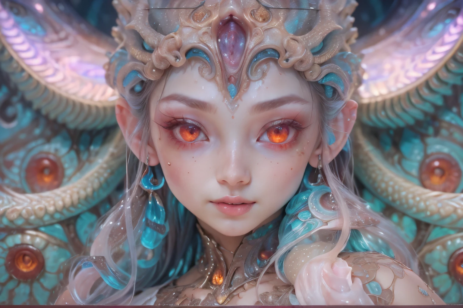 Portrait, (beautiful female alien:1.2), (There is a female genital-like organ in the middle of the forehead..:1.8), (The most beautiful face in the history of the universe:1.2), (Glowing scarlet eyes:1.6), (Translucent pale skin:1.8), an evil gaze that seduces , (red eyes:1.5), Full body like, (Sexypose:1.5), alien, No humans, cells are fused, (Lots of translucent Blue tentacles:1.1), extraterrestrial, cell, bio image, (zenTangle, mandalas, Tangle, enTangle:0.98),(Fractal Art:0.9)(fluttered detailed color splashes:1.1),(marbling:1.1), (Vulgarity:1.15), (Sexy:1.4), sweet breath, a sultry, ((Ecstasy:1.6)), Best Quality, 8K,4K_quality, High Definition, Dramatic Lighting, masutepiece:1.5,cinematic quality, detail up, (Intricate details:1.2), High resolution, High Definition, drawing faithfully, (Thick eyebrows:1.2), Beautiful eyes with fine symmetry, (Highly detailed face and eyes:1.2), (High-resolution red-eye:1.4), Intimate face, (Super detailed skin quality feeling:1.4), Perfect Anatomy, (Beautiful toned body:1.5), (Moist skin:1.2), No makeup, (dark circles:1.1), long canines, cinematic drawing of characters, ultra high quality model, cinematic quality, detail up, (Intricate details:1.2), High resolution, High Definition, drawing faithfully, Official art, Unity 8K wall , 8K Portrait, Best Quality, Very High resolution, ultra detailed artistic photography, midnight aura, unreal enginee 5, Ultra Sharp Focus, art by alberto seveso, ArtGerm, Roisch, intricate artwork, Medusa, best quality, masutepiece, ultra High resolution, (photos realistic:1.4), Ultra-realistic realism, dream-like, nautilus, Creation of fantasy, Snail, Dream Snail, (biopunk nautilus:1.4), Thrilling color schemes, Ultra-realistic realism, seductively smiling, Blue tentacles