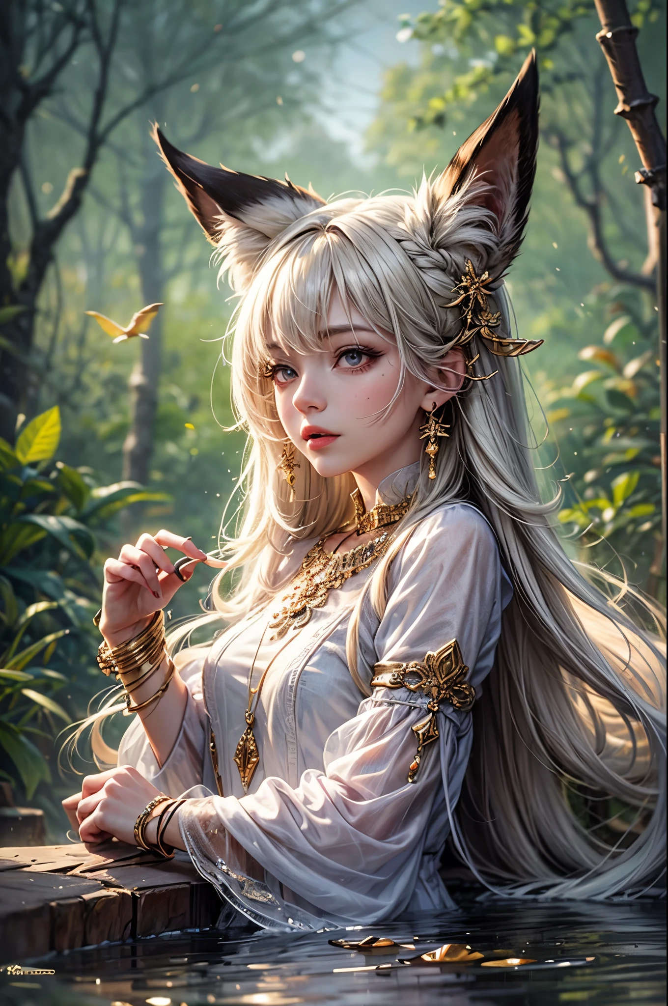 The Fox Godess, Beautyful, Silk,Clouds,Fox Tail, Mikko Outfit, Forest,Pond,( bokeh )