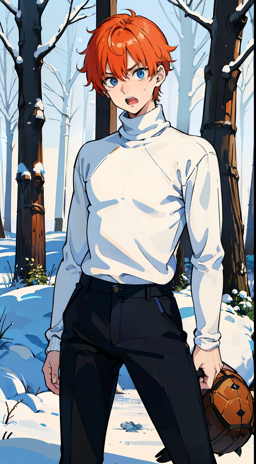 (1boy,,18 years old), orange hair, blue eyes,(((white sweater,turtleneck))),(snow,in forest),((angry,open mouth)),black pants
