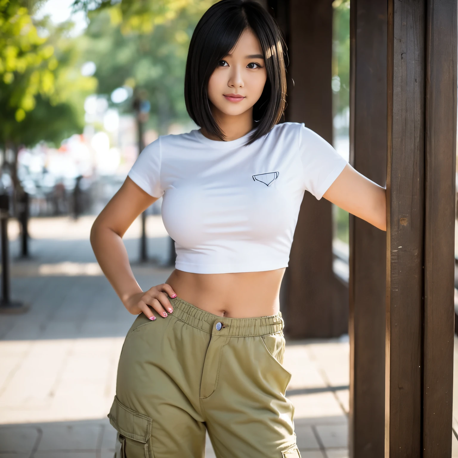 Professional, realistic, High level of detail, Full body photo of 18 years old woman, korean, Tight cargo pants, (white crop top t-shirt:1.3_MUST), (yelloe-off beanie:1.3(MUST)), (glossy black hair in blunt bob:1.3), full body, Standing posing for a photo, hands in a pocket:1.3(Must) on a playground, photogrnic pose, (random standing pose: 1.3) ,Natural light, (Attractive young woman:1.3), (seductive:1.1), (blush:1.1), round and big breasts, cleavage, bacgkround at afternoon playground in south jakarta buildings