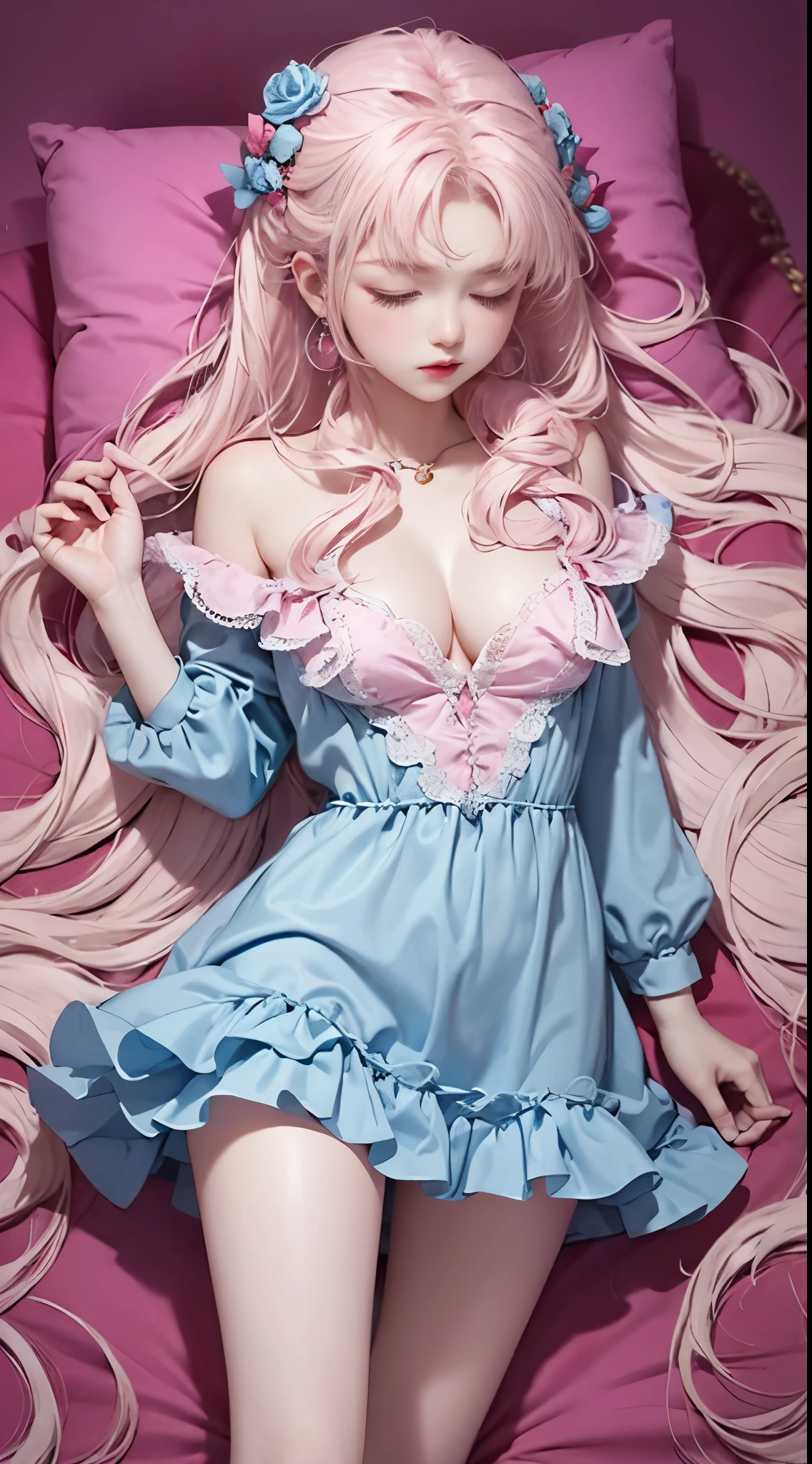 Light blue and red color scheme,pink nipple,little body,Petite,White curly hair, high detail, best quality, supper detail, pink pussy , dark background, 5/6 body, hair over nipple, open legs, sleeping dress