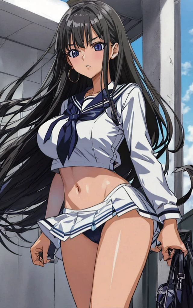 A beautiful girl with long black hair, big breasts, beautiful legs, and a sharp face is standing in the school hallway wearing a sailor uniform with a white miniskirt, showing off her light blue and blue panties.。