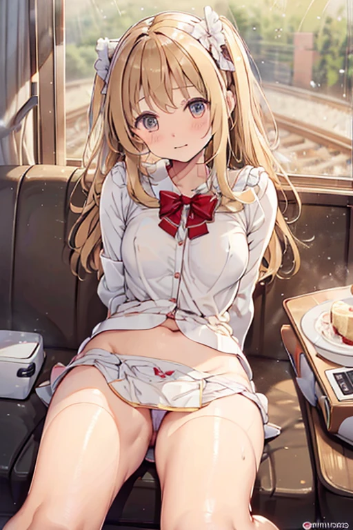 A cute 12 year old girl with long wavy blonde hair and a hairband is sitting naked with her legs spread wide, showing her butt, anus, pussy and small nipples.。I don't wear any underwear。A pose where you can be seen from below。are small。Pose that shows your anus。pussy and anus are spread。Spreading legs with both hands。is wet。Spread it out so I can see inside your pussy。small breasts are visible。Being molested on the train。SEX。NFSW。