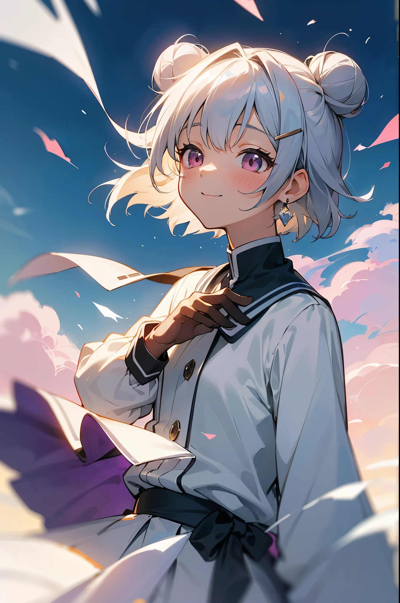 (best qualtiy,tmasterpiece,watercolor paiting,Splash ink),1 Beautiful and delicate portrait of a girl,Playful and cute,Background with:Confetti drifts in the air, Very pastel,Very soft,Short hair with silver bob styled in a bun with hair clip, Pink eyes, small tits、Diamond-shaped dark blue earrings、 Smile,Hair fluttering in the wind,Light blue and silver design,Sony FE 12-24mm F/2.8 Grameen brush strokes,, Backlit lighting, full bloom, Fuji colors, kanon, hyper HD, masutepiece, Anatomically correct, Best Quality, Textured skin、looking to side、look up sky、Exposed black futuristic combat uniform