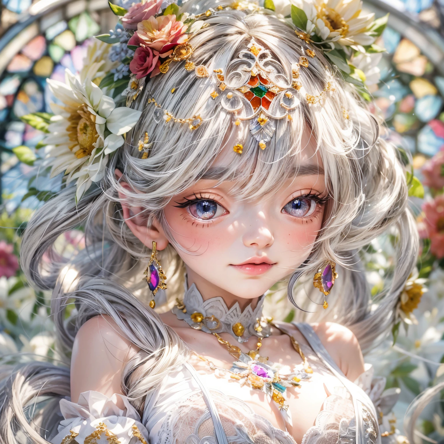 concept art, Tiny junior idol, Delicate lace knitted white clothes, (nipple:-0.9), (face closeup, (Dazzling stained glass Background)), (((Renbutsu Misako), vivid colorful Light shines through delicate stained glass:1.35, Dazzling Halo, Acutance:0.8)), {vivid red |lense Particle | lens flare | light Particle}. (masterpiece:1.2),(ultra-detailed:1.37),(realistic,photorealistic,photo-realistic:1.37), (Extremely detailed KAWAII face variations, innocent expression variations), {rosy cheeks | intricate detailed eyes with sparkling highlights | long eyelashes with volume | subtle blush on the face}. Mystic sight, haze, impeccable skin texture, captivating gaze, ((Dynamic-angle, physically-based rendering)), whole Body proportions and all limbs are anatomically accurate . full of flowers covering girl's body .