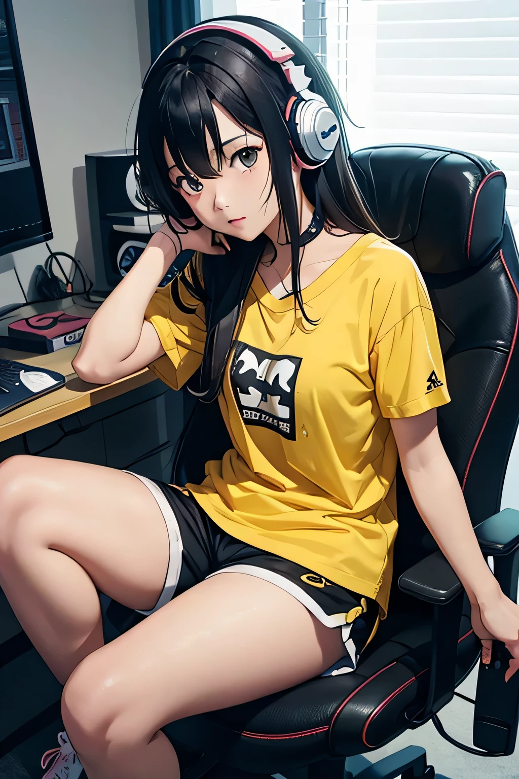 japanese girl, solo, 19, gaming on her pc, wearing pretty yellow top with black shorts, sitting in gaming chair with white headphones, has PS4 controller in her hands, it is night time