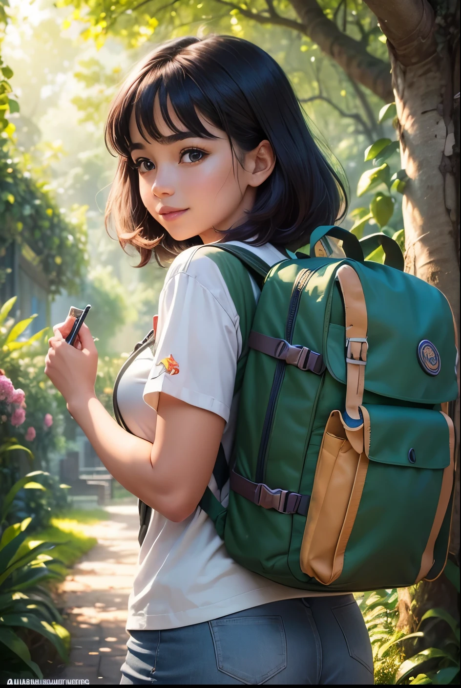 (a little)\n
(high res,best quality,masterpiece:1.2),(ultra-detailed,realistic:1.37)\n
(beautiful detailed eyes,beautiful detailed lips,extremely detailed eyes and face,long eyelashes),adventurous expression,jovial personality,confident pose,exploration spirit\n
(colored pencils,illustration),(vibrant colors,pop art style,colorful)\n
(lovely garden scene),lush greenery,blooming flowers,majestic trees,playful butterflies\n
(adventure gear,backpack,compass,map)\n
(studio lighting,soft sunlight streaming through leaves)\n
Dora, the adorable explorer, stands in the center of a vibrant garden. Her eyes are beautifully detailed, capturing her adventurous spirit and curiosity. Her lips are equally captivating, with a hint of a smile that showcases her jovial personality. Dora's face is extremely detailed, expertly crafted to bring out her youthful and innocent charm. Her long eyelashes flutter with excitement as she gazes into the distance, ready for the next thrilling discovery.\n
The scene surrounding Dora is like a masterpiece brought to life. The garden is a testament to nature's beauty, with lush greenery covering every corner. Colorful flowers bloom in abundance, painting the landscape with vibrant hues. Majestic trees stand tall, providing shade and a sense of wonder. Playful butterflies dance in the air, adding an extra touch of magic to the scene.\n
Dora is dressed in her adventure gear, sporting a backpack that holds all her essentials. Her trusty compass and map are within reach, guiding her on her exciting journeys. The illustration style of the image is reminiscent of colored pencils, giving it a playful and charming aesthetic.\n
The lighting in the scene is bathed in a soft sunlight that filters through the leaves and creates a warm and inviting atmosphere. It adds depth and dimension to the image, bringing out the details and enhancing the overall realistic feel.\n
This high-resolution image is a true masterpiece, with ultra-detailed elements that capture every aspect of Dora and her enchanting world. The vibrant colors and pop art style lend a sense of liveliness and vibrancy, making the image truly captivating.